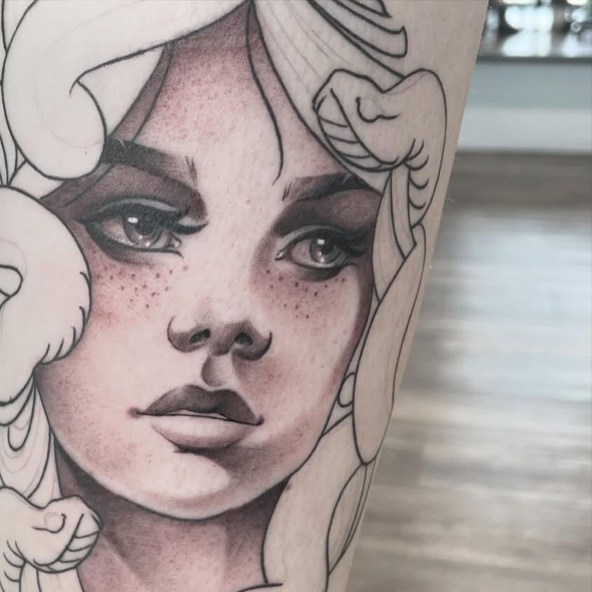 Woman's face realism tattoo on the forearm by Angel, Salt Lake City, Utah