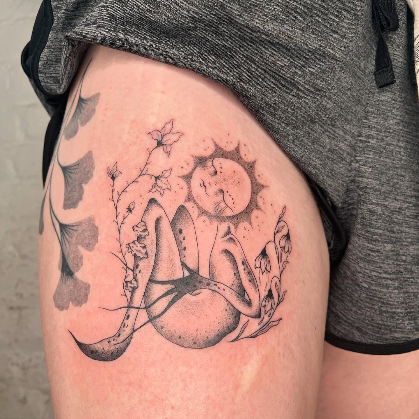 Astral body and celestial elements dotwork tattoo on the thigh by 𝔇𝔢𝔰𝔦