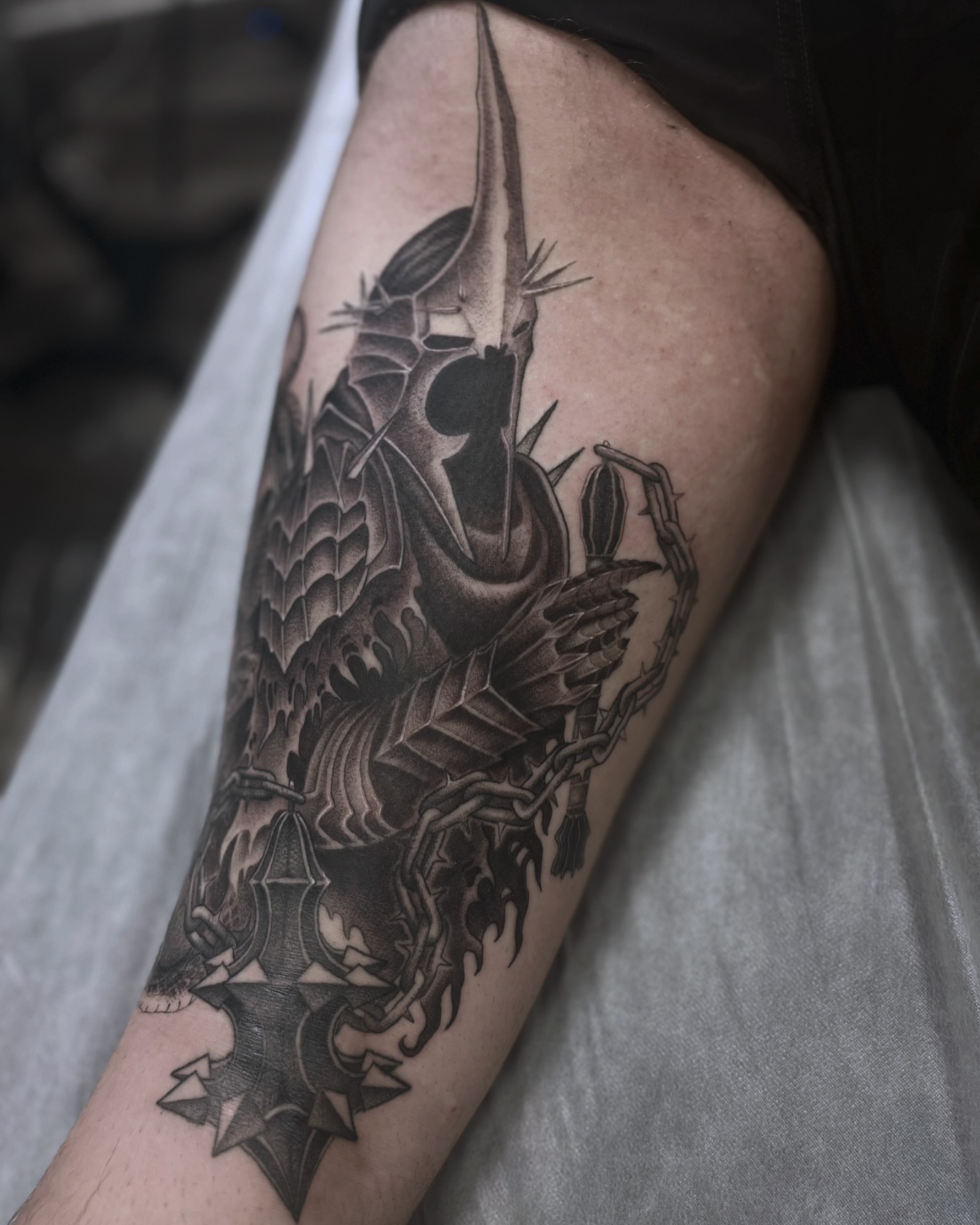 Dragon and shield geometric tattoo on the forearm by ๐๐๐๐๐๐๐