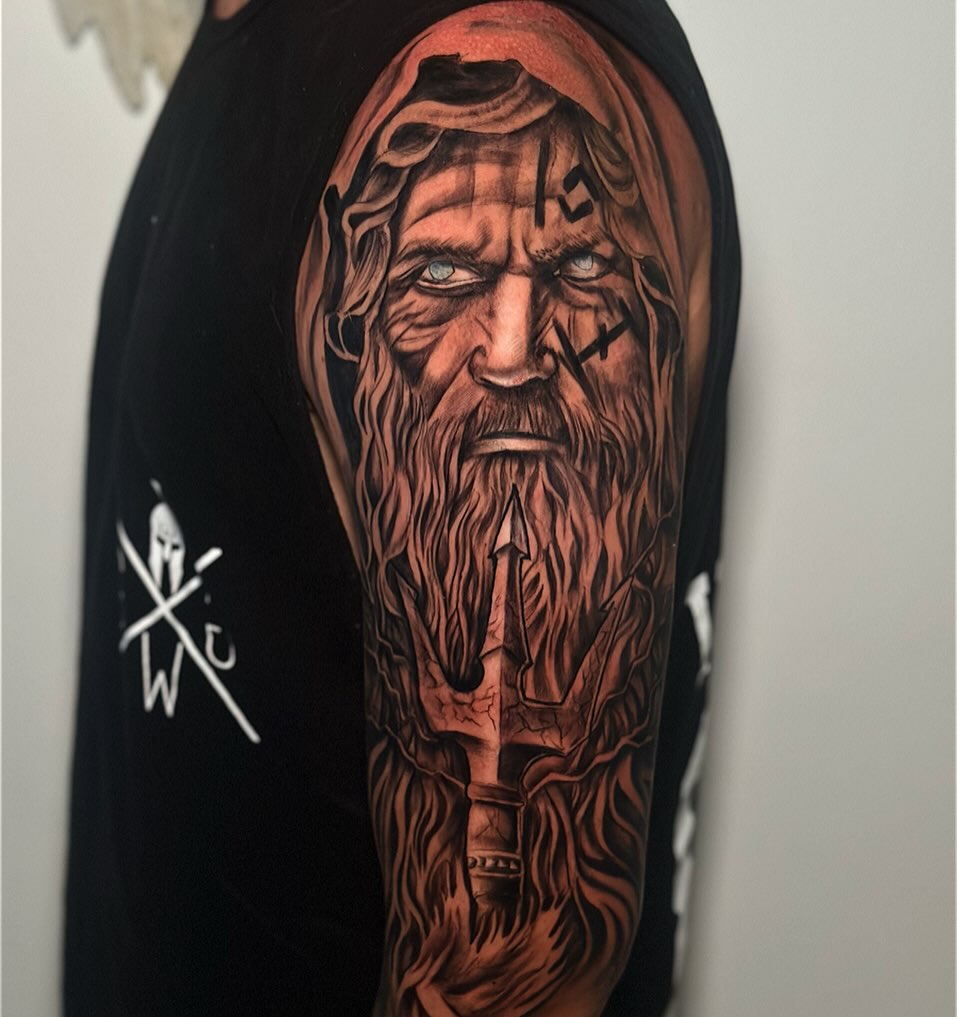 Old man with trident realism tattoo on the forearm by Anghel Patricia