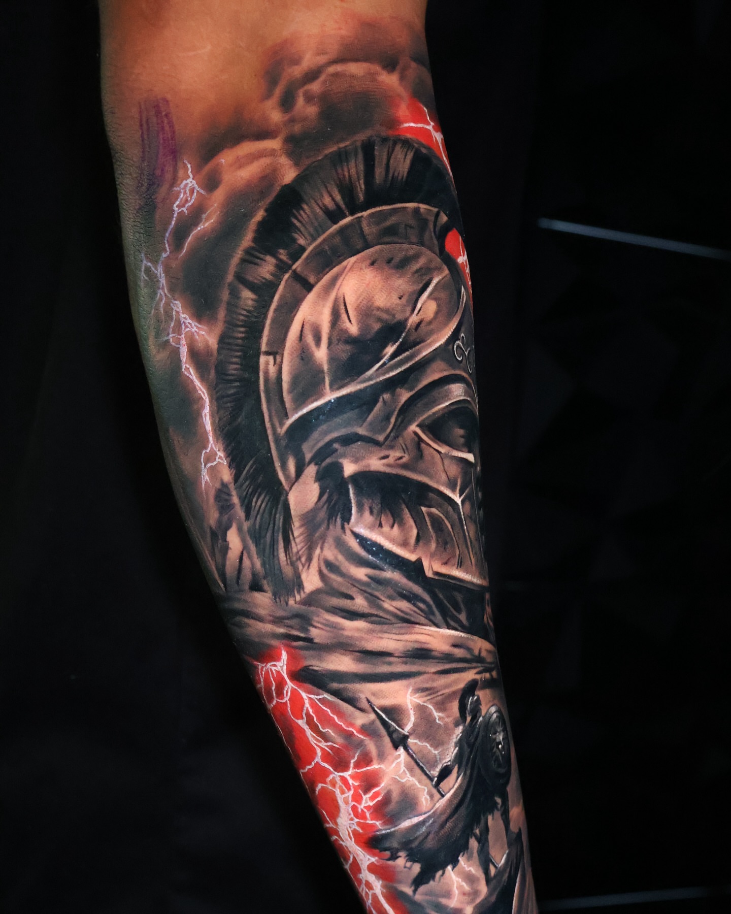 Warrior helmet realism tattoo on the forearm by Angels tattoo