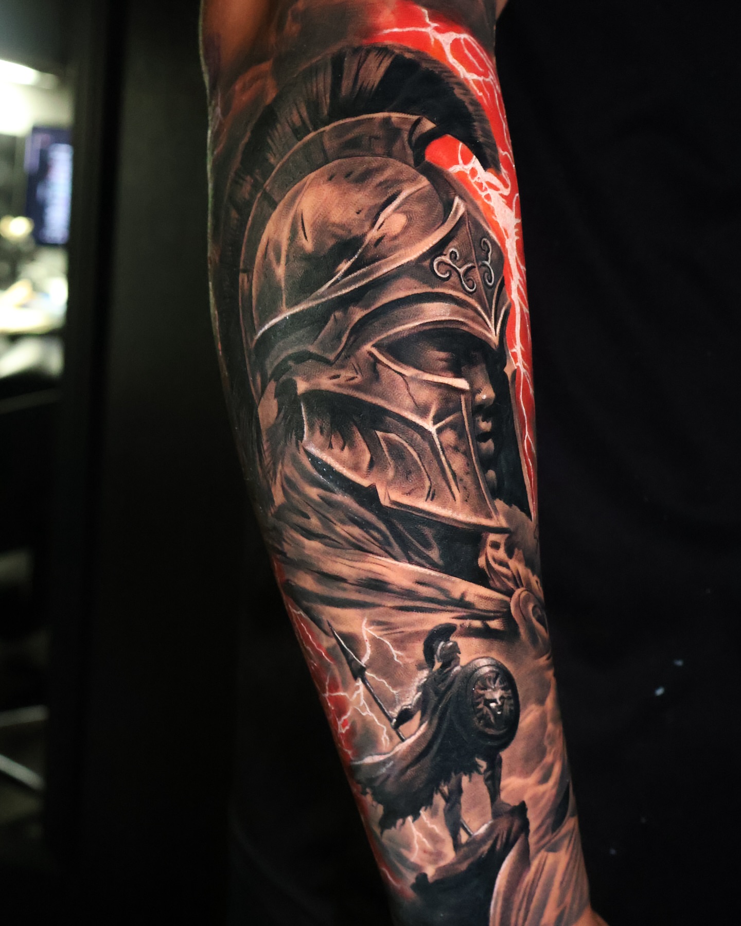 Warrior helmet realism tattoo on the forearm by Angels tattoo