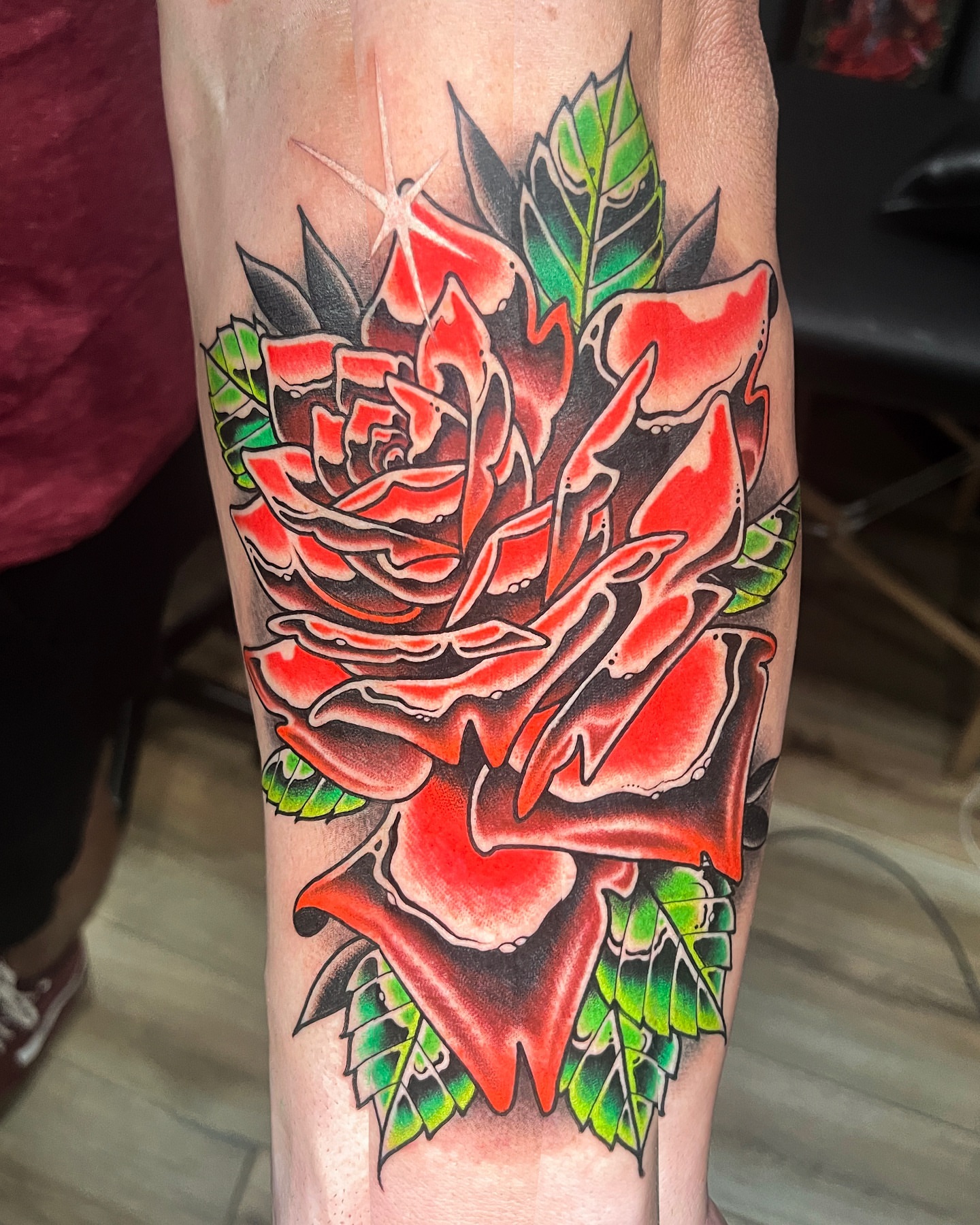Red rose American traditional tattoo on the forearm by ๐ฎ๐๐๐ ๐ญ๐๐๐
