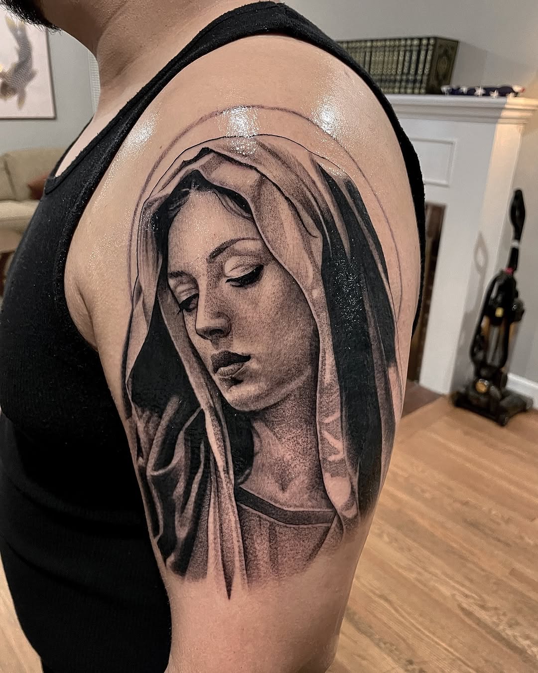 Chicano tattoo on the shoulder by Fullerton ca tattooing