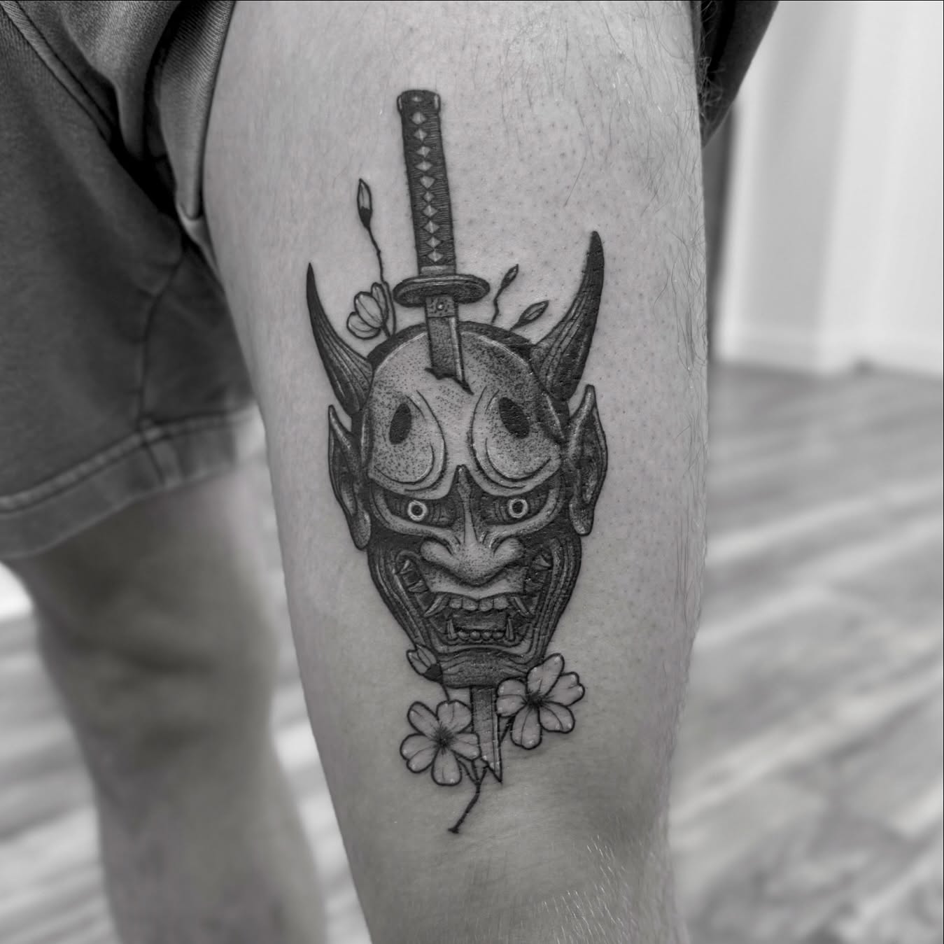 Demon mask with katana dotwork tattoo on the forearm by Kody Miller Tattoos 📍Kansas City MO Tattoo, Kansas City, Missouri