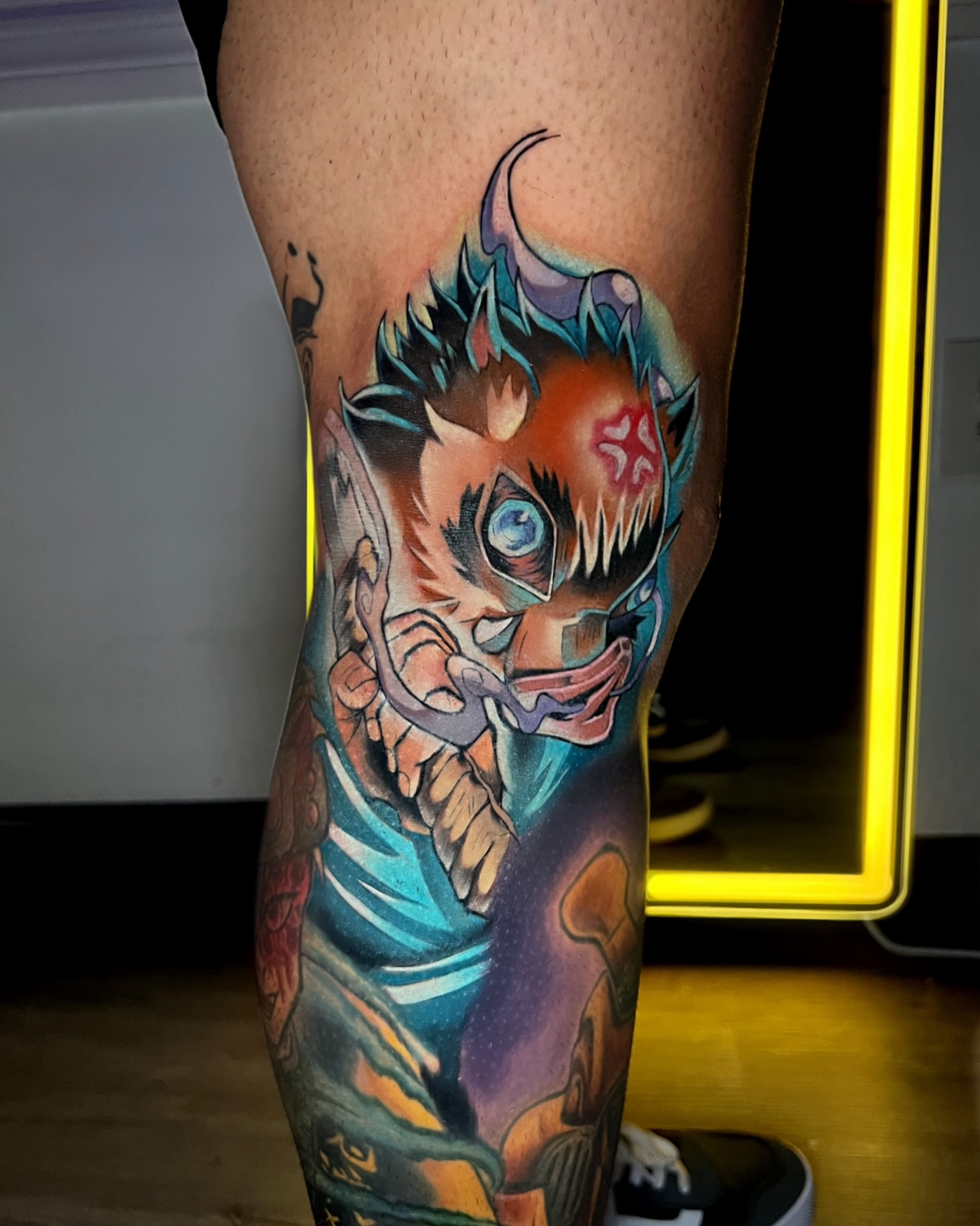 Demon anime tattoo on the leg by nightcity anime tattoos π₯