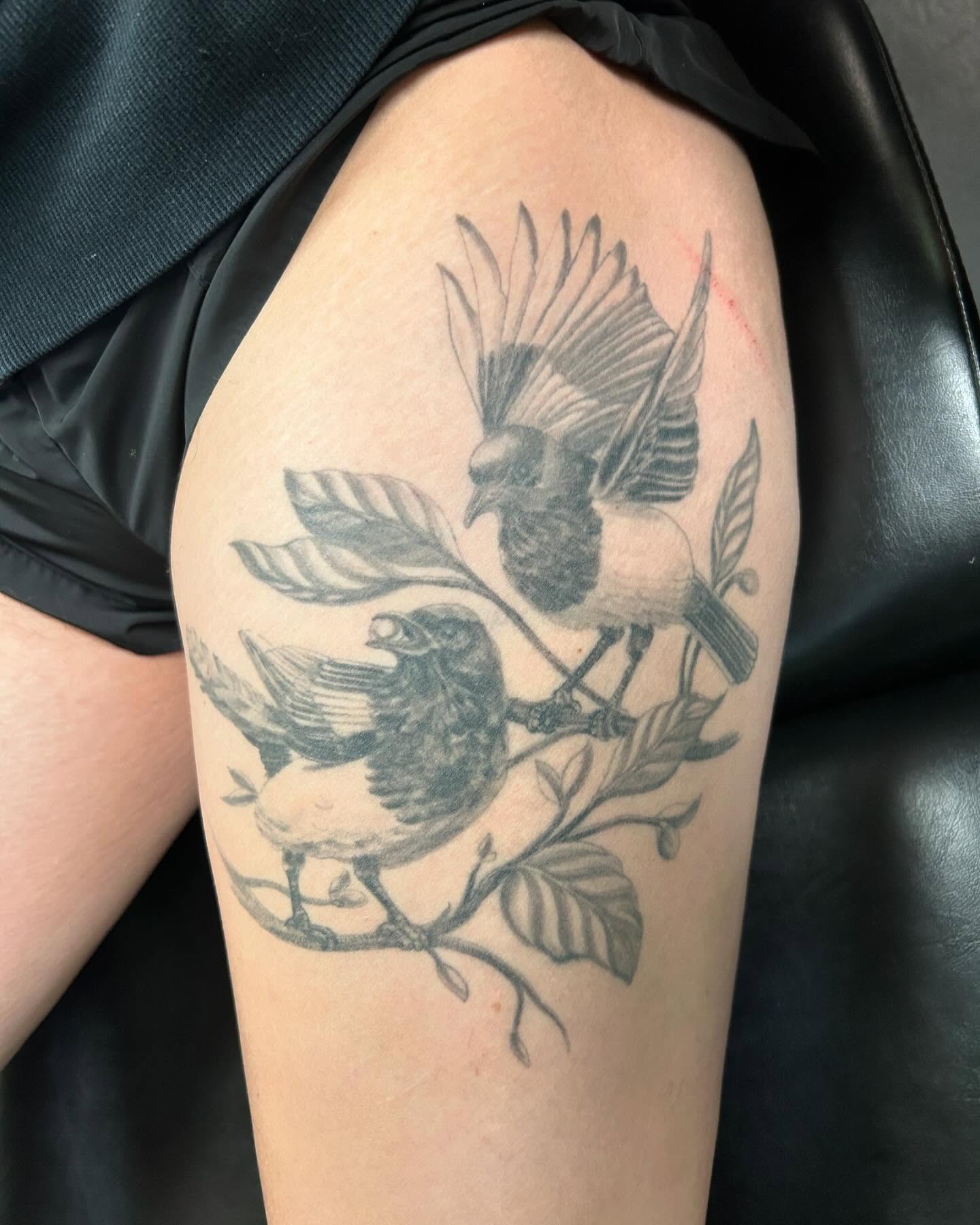 Birds on branch black and grey tattoo on the thigh by B Hendrix, Cuyahoga Falls, Ohio