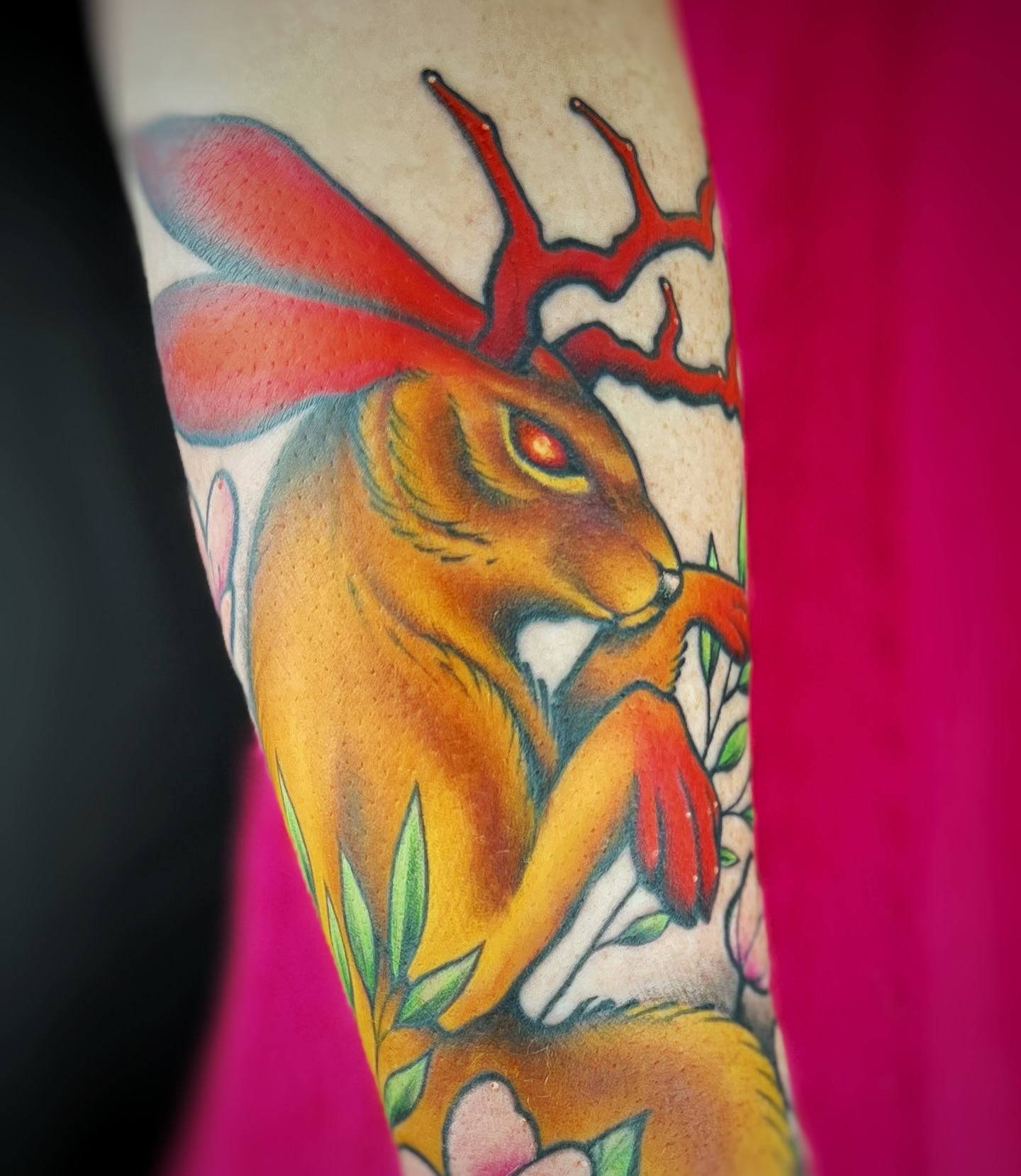 Deer with antlers American traditional tattoo on the forearm by Tattoos by Hanna, Farmington Hills, Michigan