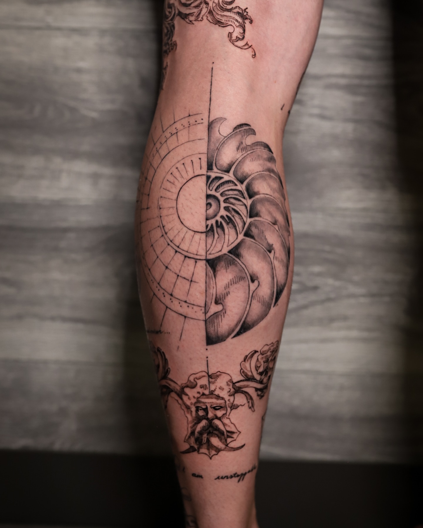 Nautilus shell geometric tattoo on the forearm by Kipling Mcclellan