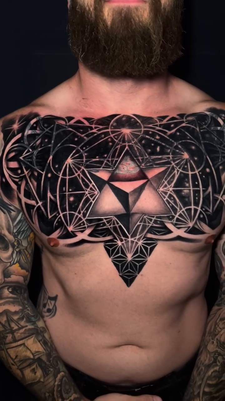 Sacred geometry chest piece geometric tattoo by Raul Ugarte, Roseville, California