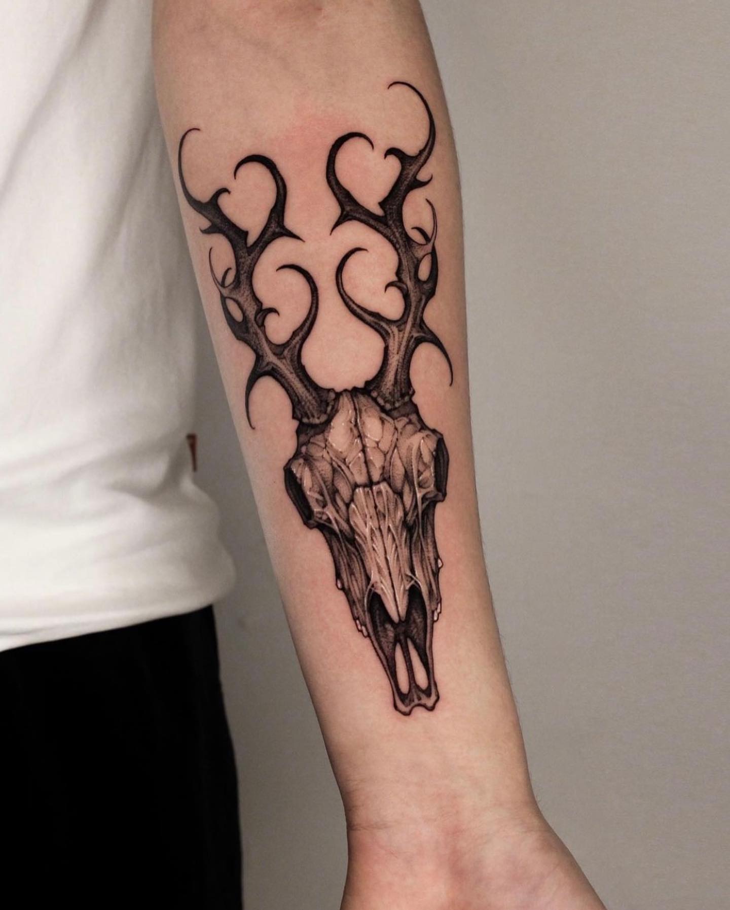 Deer skull realism tattoo on the forearm by 우레