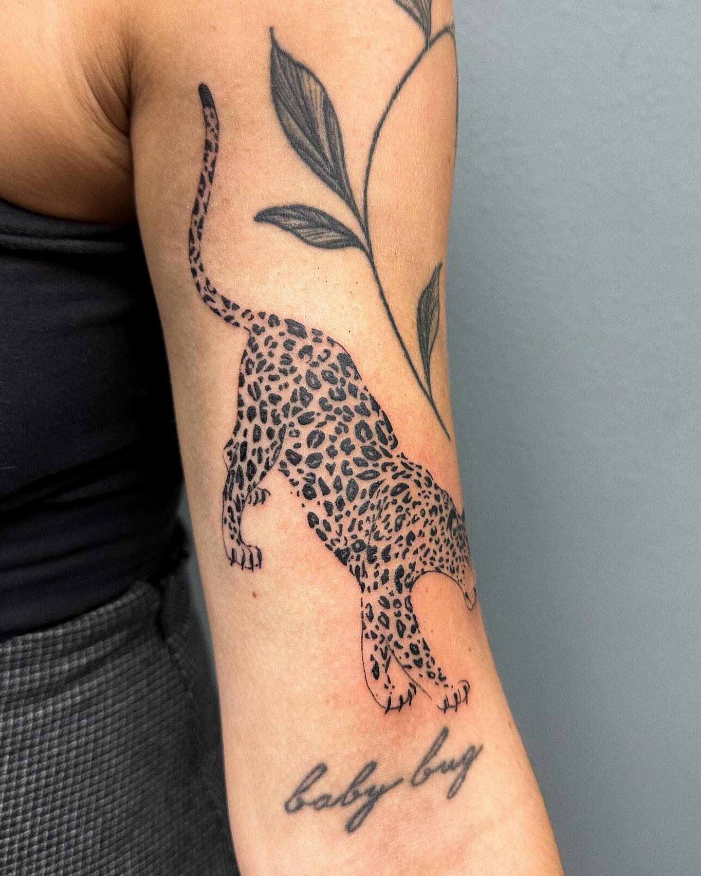 Leopard dotwork tattoo on the forearm by Portland Tattoo Artist