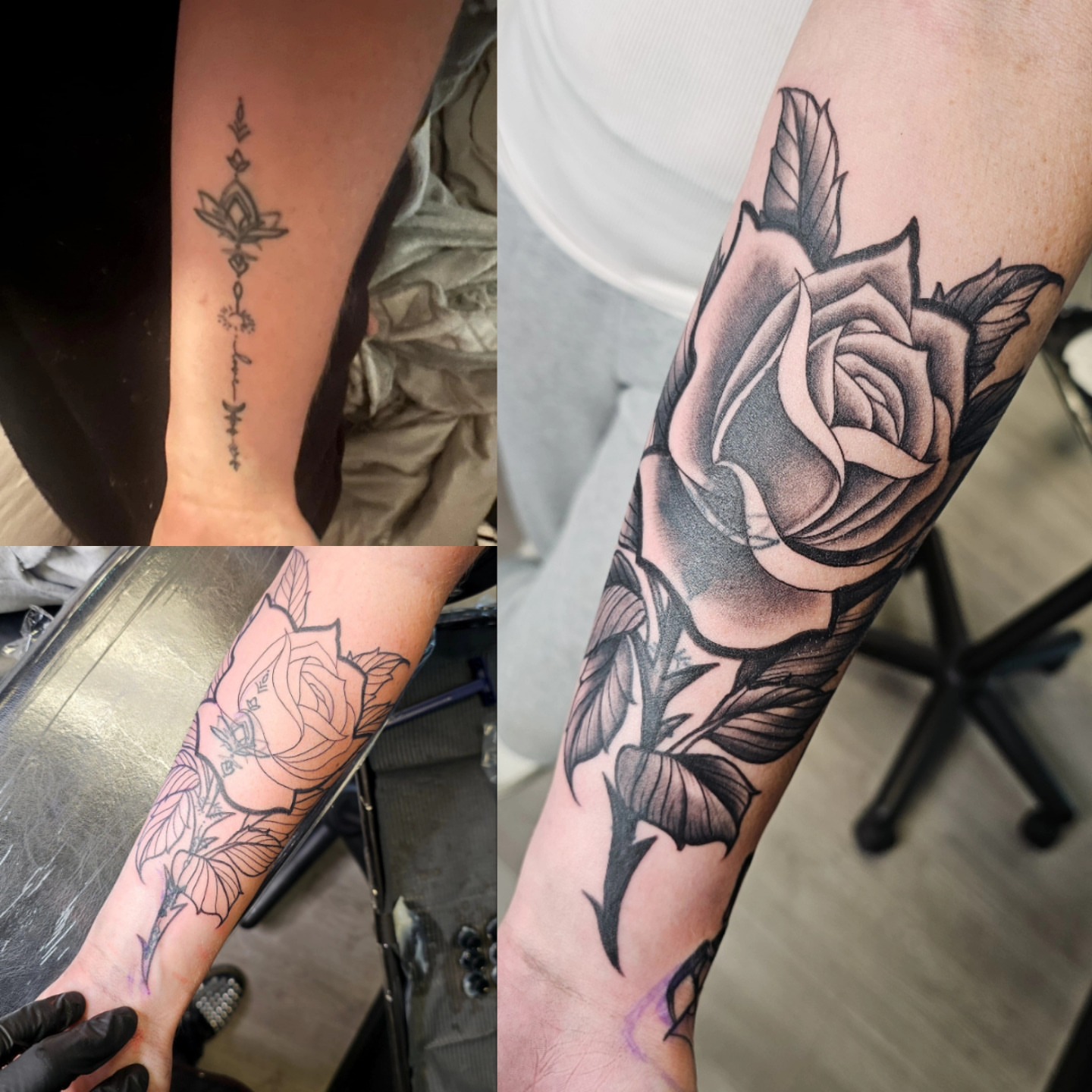 Rose black and grey tattoo on the forearm by Kelsey Lorrae, Ankeny, Iowa