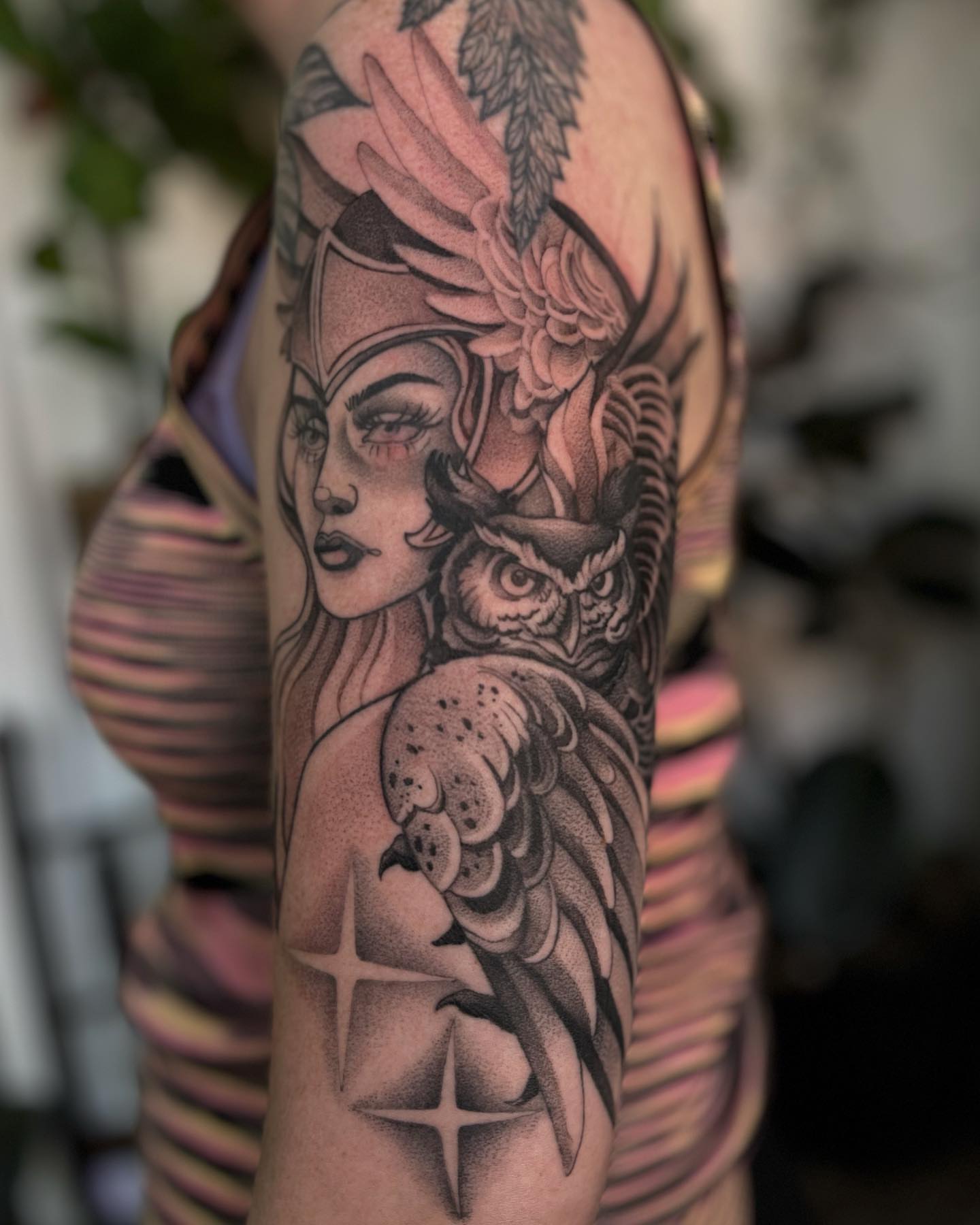 Woman with owl dotwork tattoo on the forearm by ✣ Liz Karn ✣