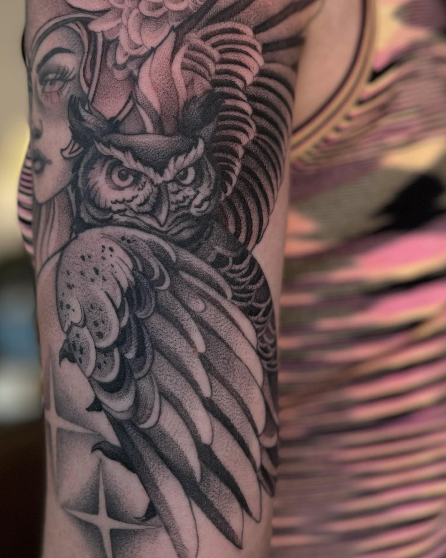Owl and woman dotwork tattoo on the forearm by ✣ Liz Karn ✣