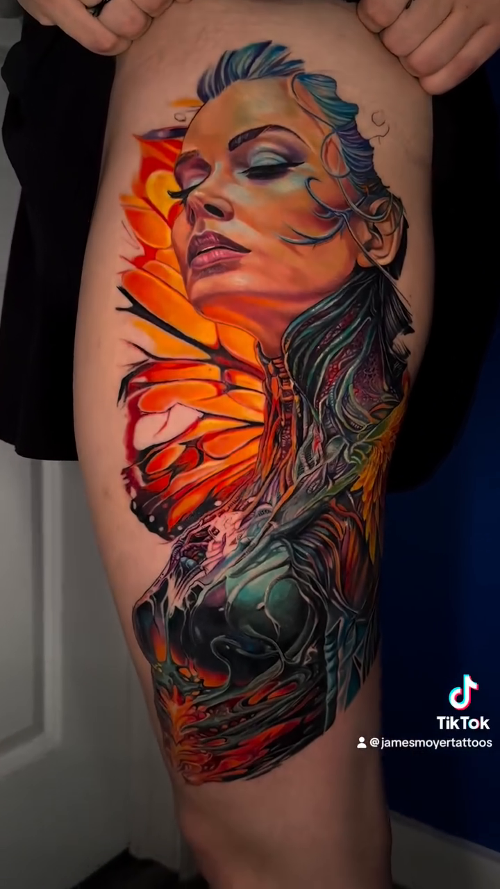 Woman with butterfly wings realism tattoo by James Moyer