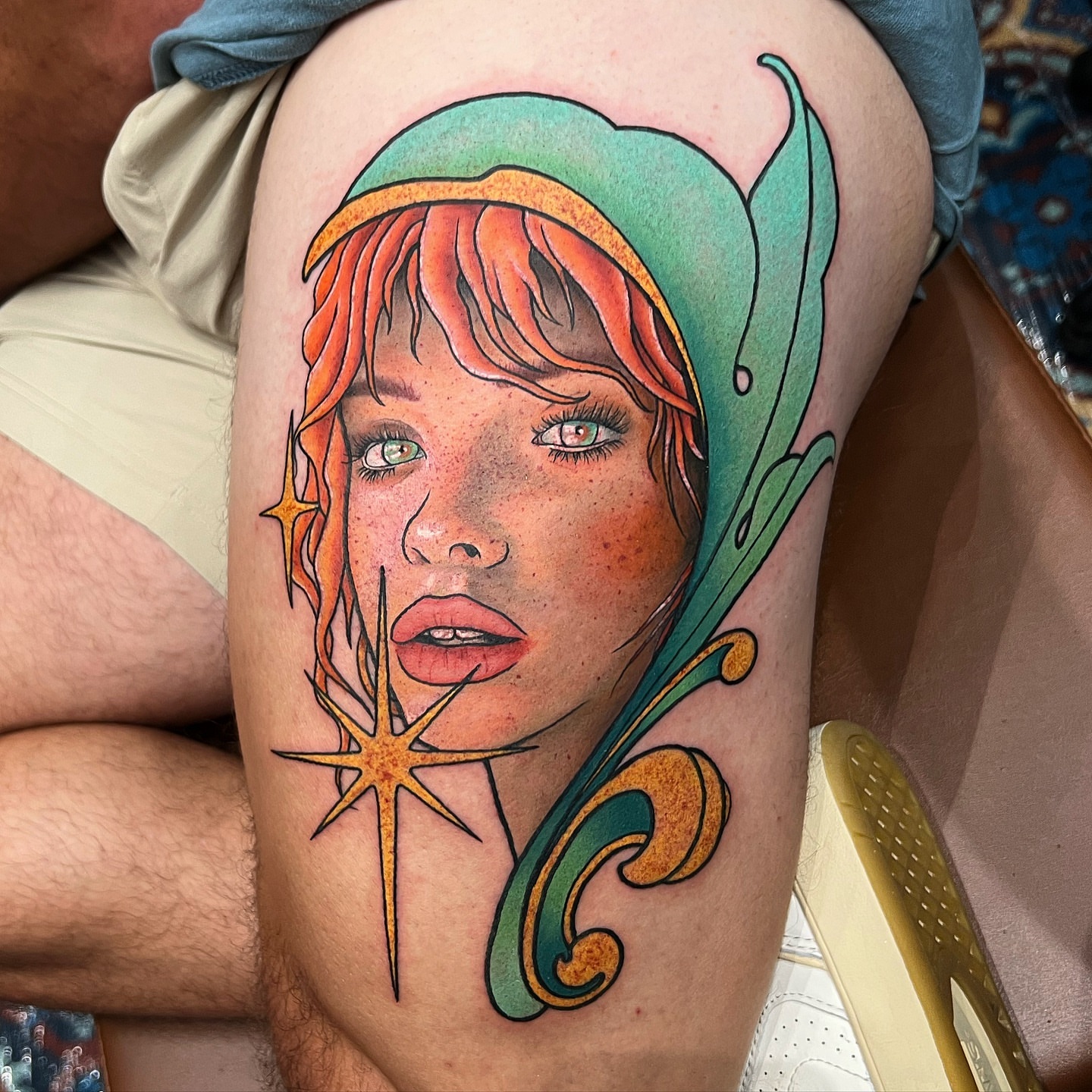 Portrait American traditional tattoo on the thigh by Zack Havoc