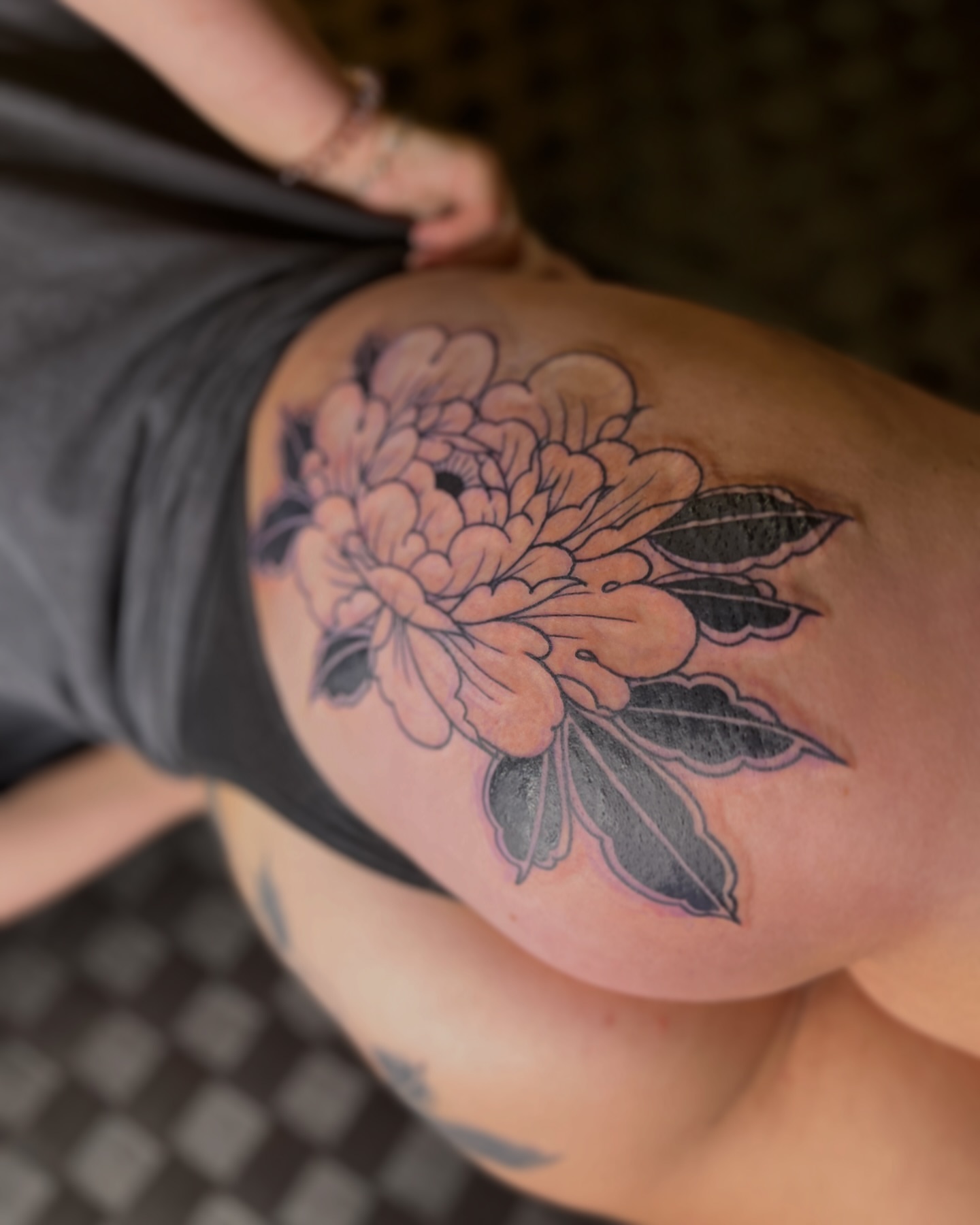 Peony black and grey tattoo on the ribs by ✩ 🕯️☾༺♰ gracey ༻☽🕯️✩