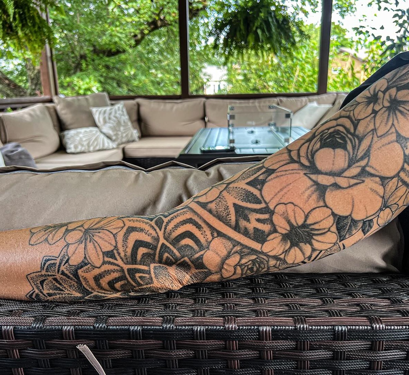 Floral black and grey tattoo on the forearm by ๐๐๐๐ ๐๐๐๐
