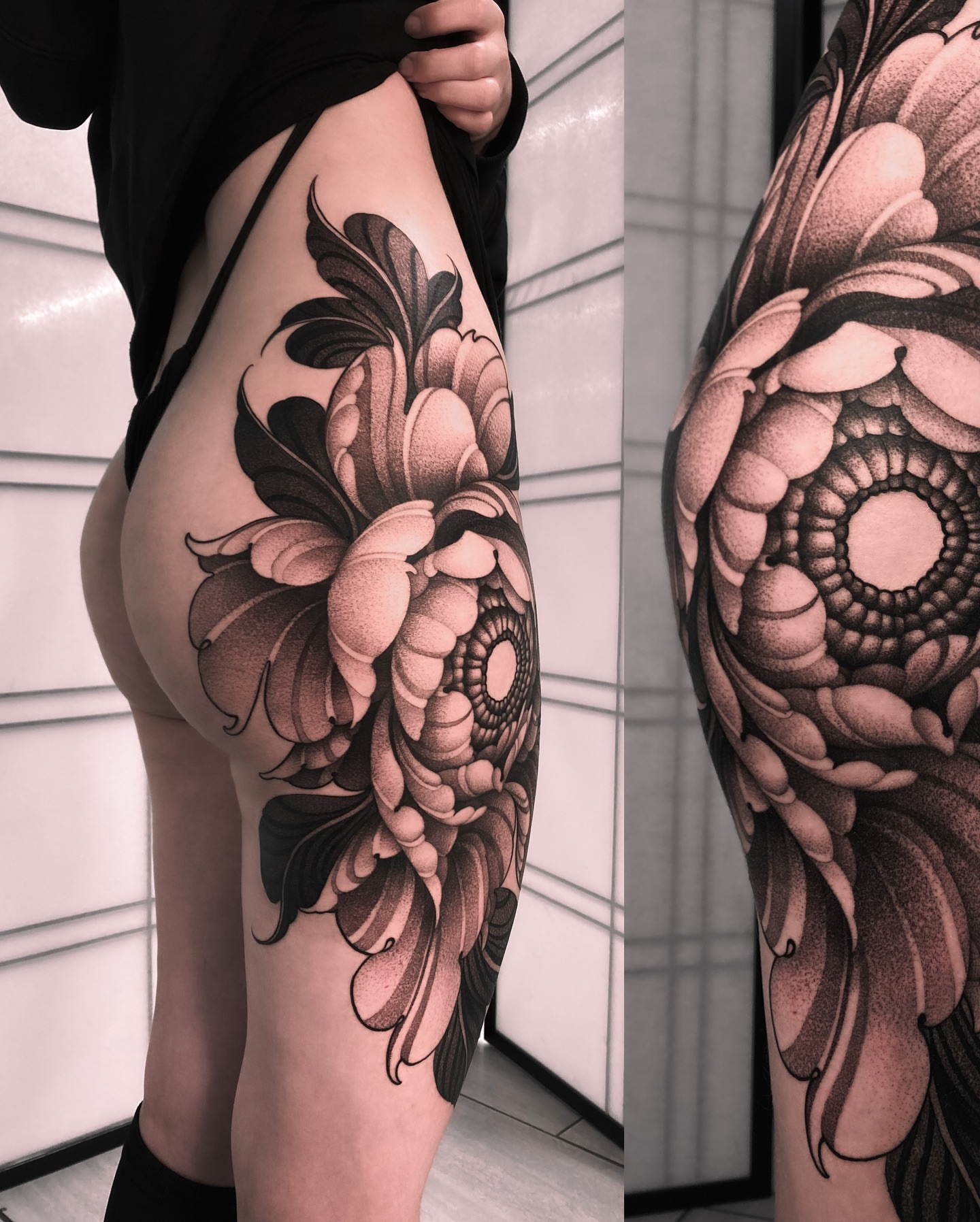 Floral design dotwork tattoo on the thigh by Tattoo artist in Charlotte,NC