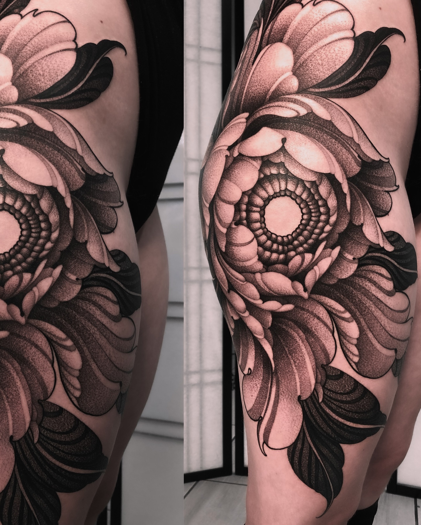 Floral design dotwork tattoo on the thigh by Tattoo artist in Charlotte,NC