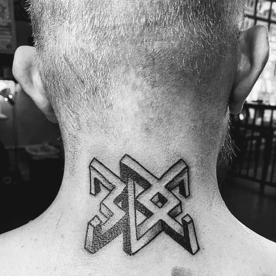 Geometric symbol geometric tattoo on the neck by jim collins, Dayton, Ohio