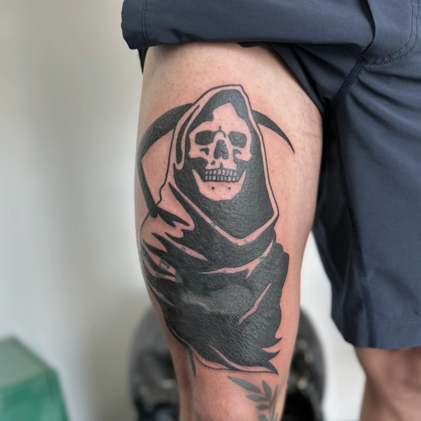 Reaper black and grey tattoo on the thigh by Han shinko, Portland, Oregon