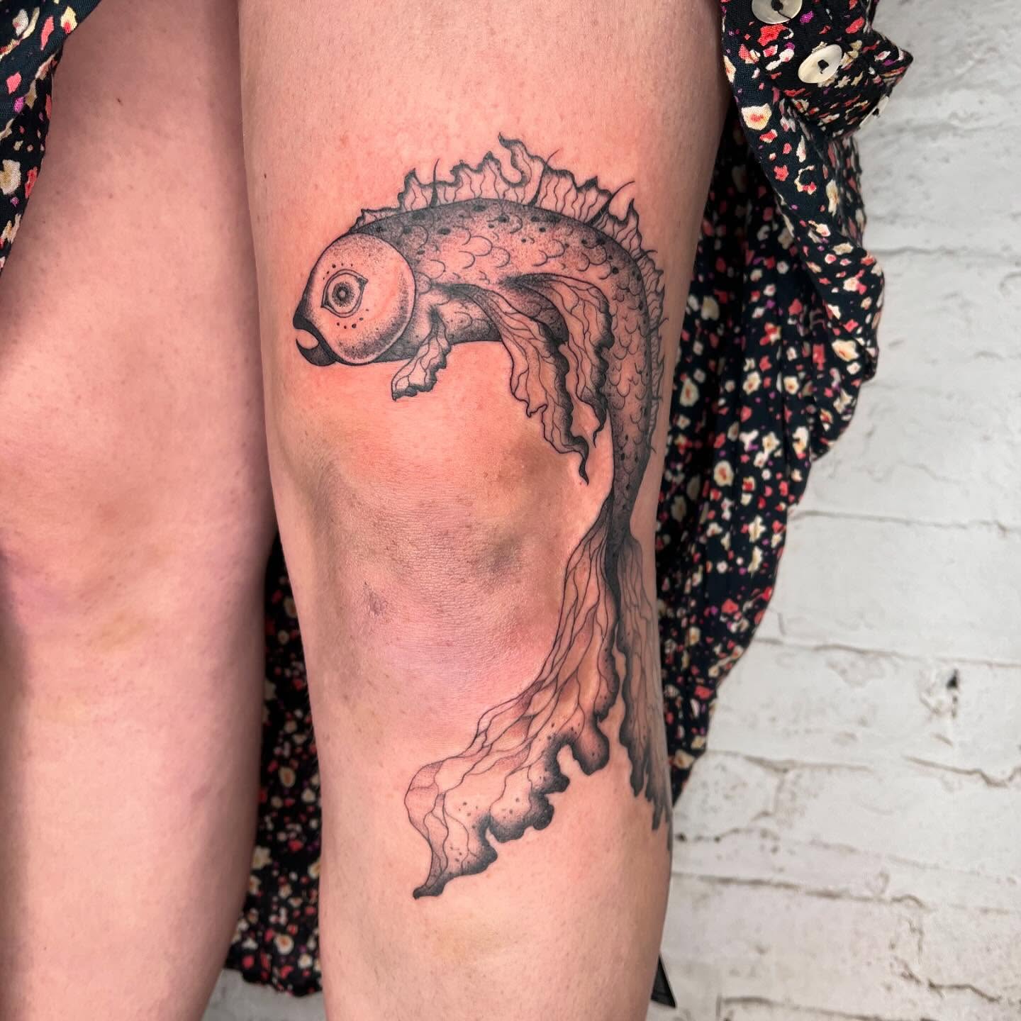 Fish dotwork tattoo on the thigh by 𝔇𝔢𝔰𝔦