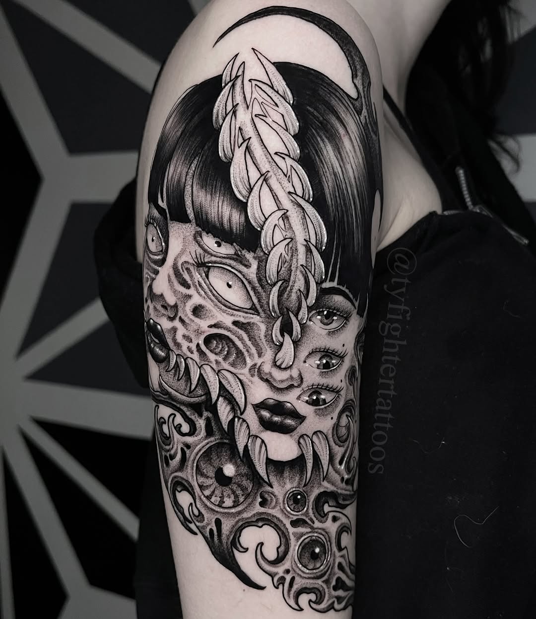 Tattoo by @tyfightertattoos — dark_realism, blackwork