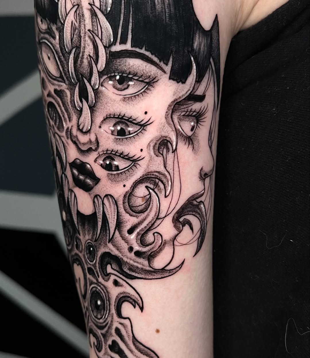 Tattoo by @tyfightertattoos — black_and_grey, dark_realism