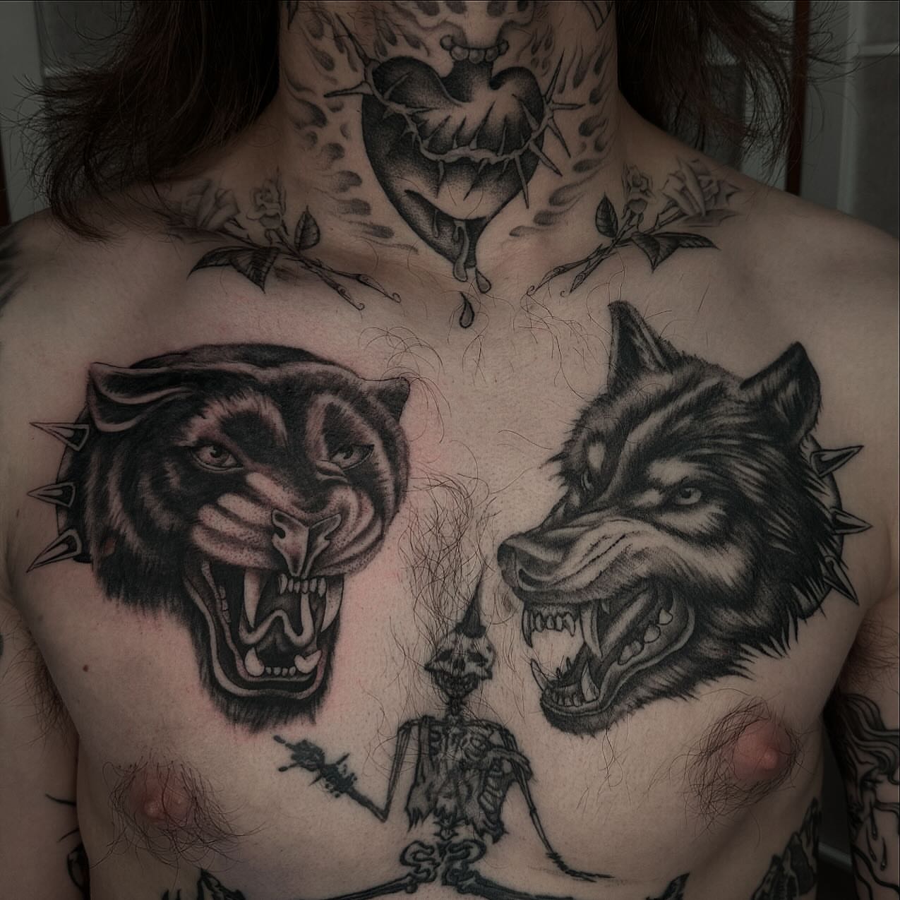 Panther and wolf realism tattoo on the chest by 𝖍𝖆𝖓𝖓𝖆𝖍