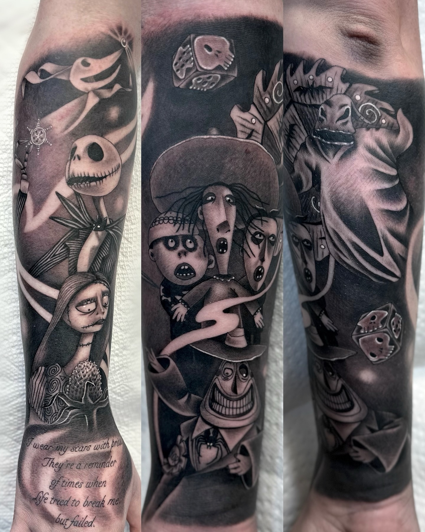 The nightmare before christmas characters dark realism tattoo on the forearm by Savannah Compton