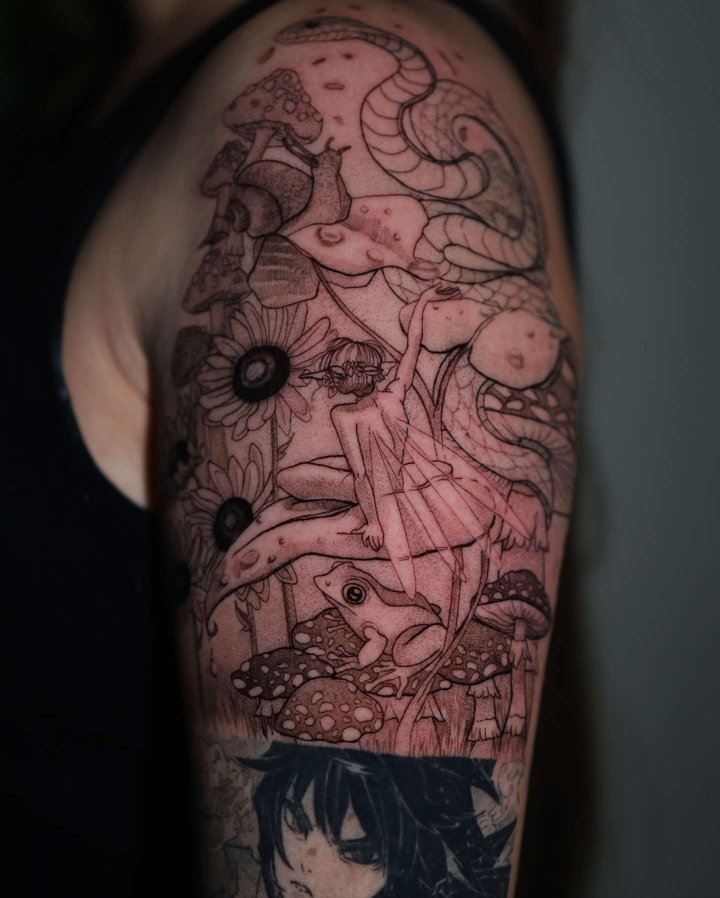 Forest fairy dotwork tattoo on the upper arm by Dana, Phoenix, Arizona