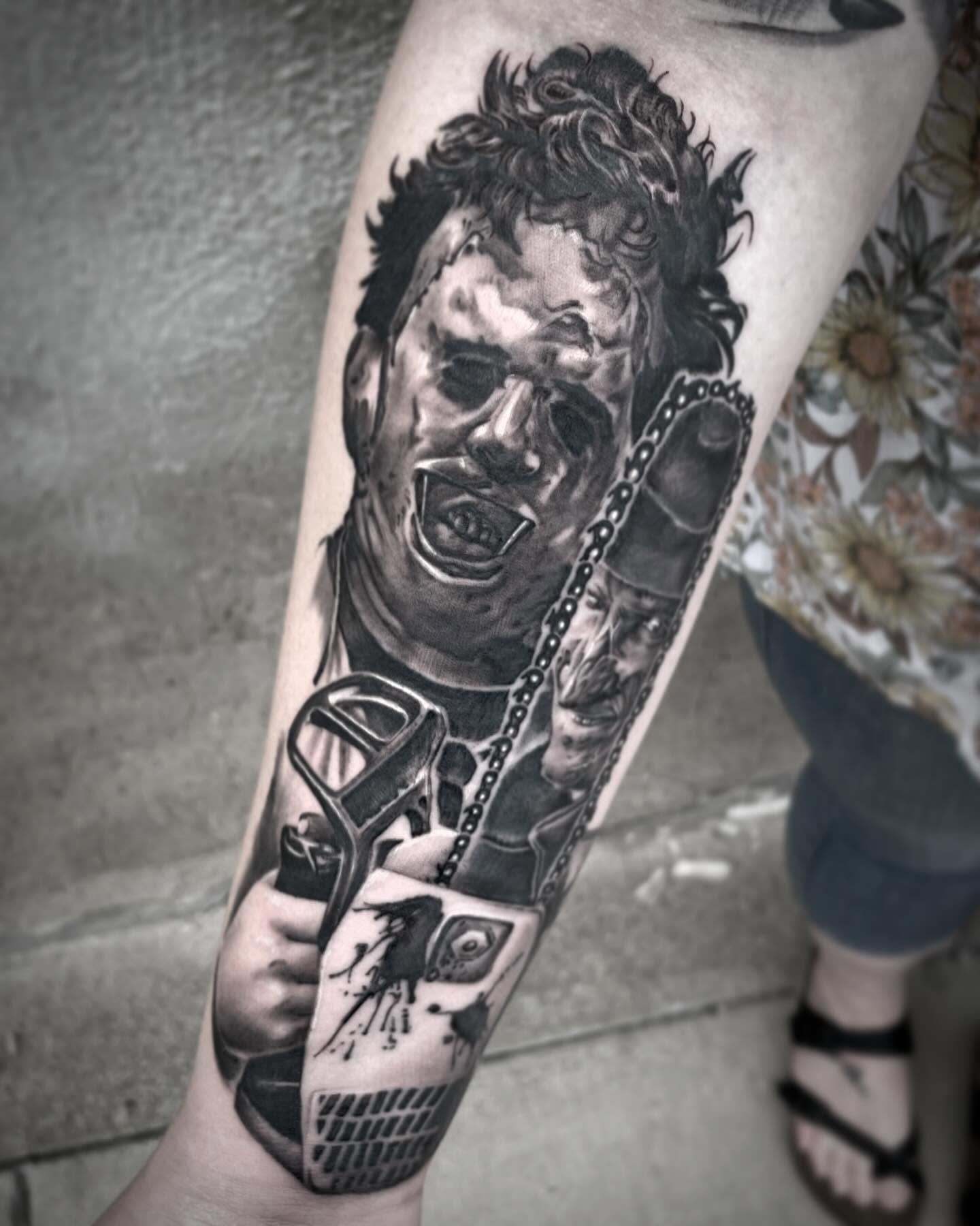 Michael Myers realism tattoo on the forearm by mike hudson