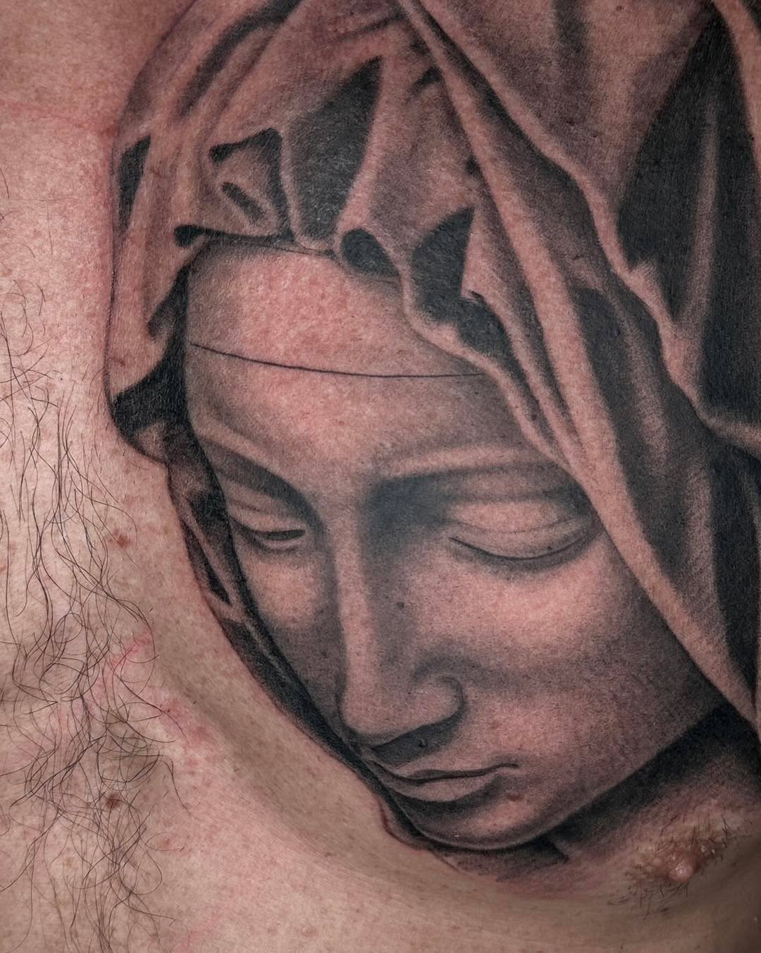 Religious figure portrait Chicano tattoo on the chest by James Hix - Tattoo Artist, Fort Worth, Texas