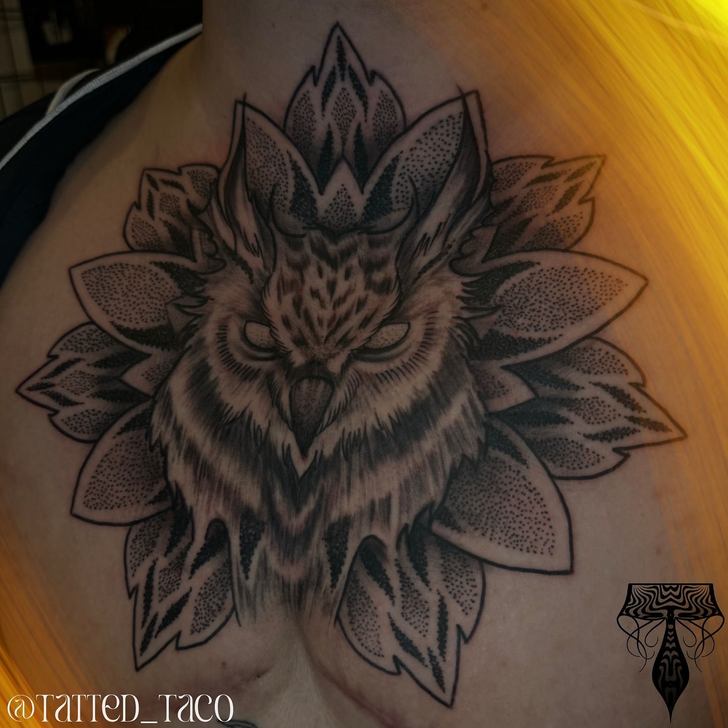 Owl dotwork tattoo on the chest by Ray Arce๐