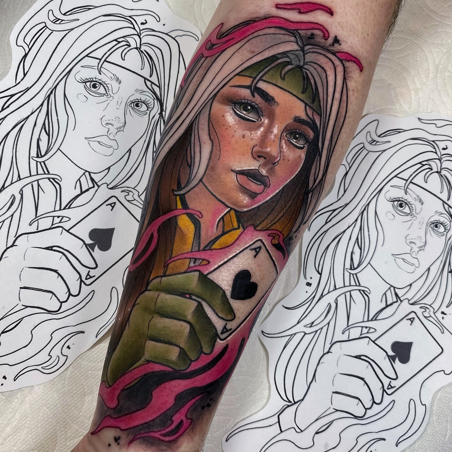 Woman with cards realism tattoo on the forearm by 🍃  𝑳𝒆𝒆 𝑴𝒖𝒍𝒍𝒆𝒏  🍂, Seattle, Washington