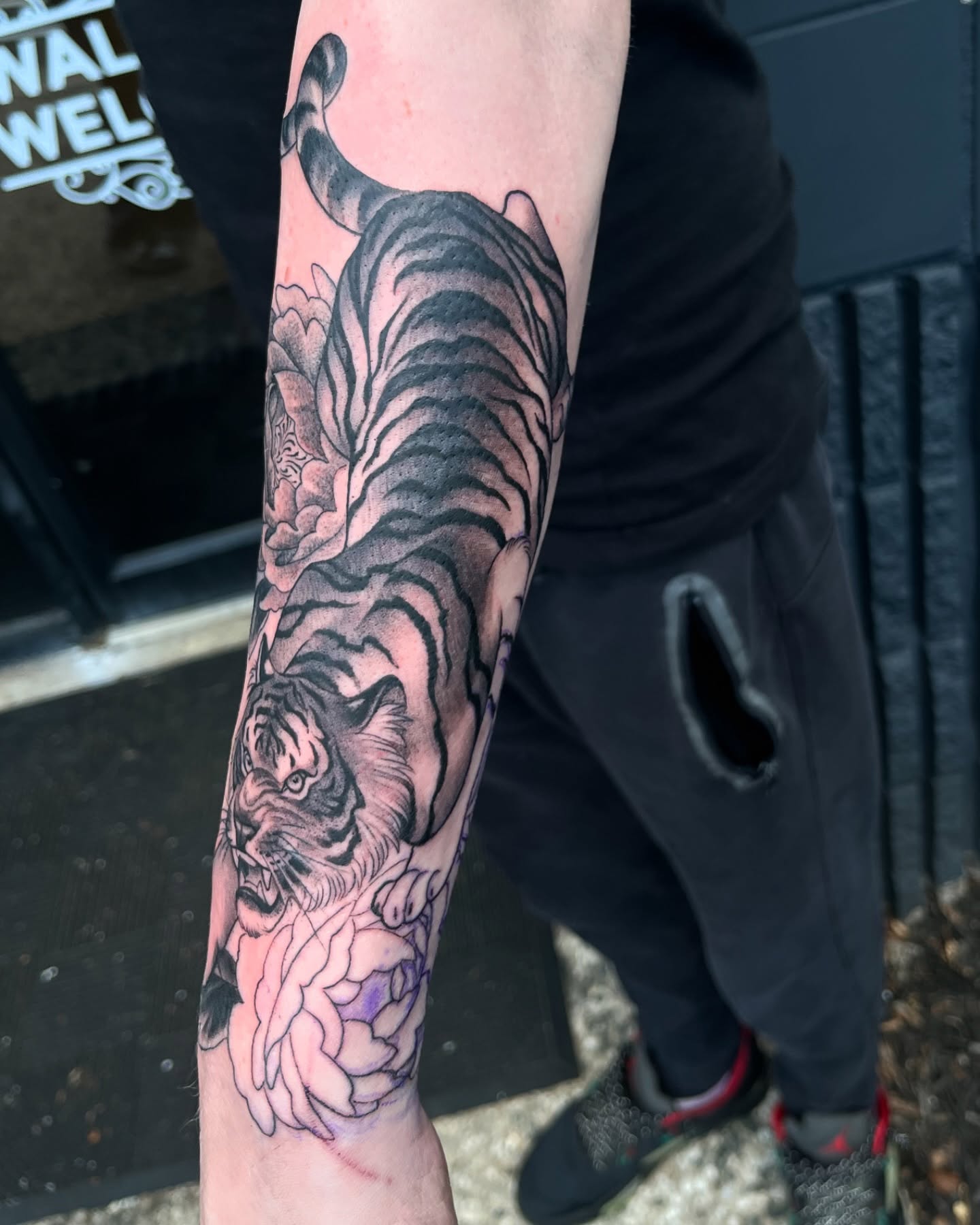 Tiger and peony American traditional tattoo on the forearm by Angelique Sanders, Tellico Plains, Tennessee