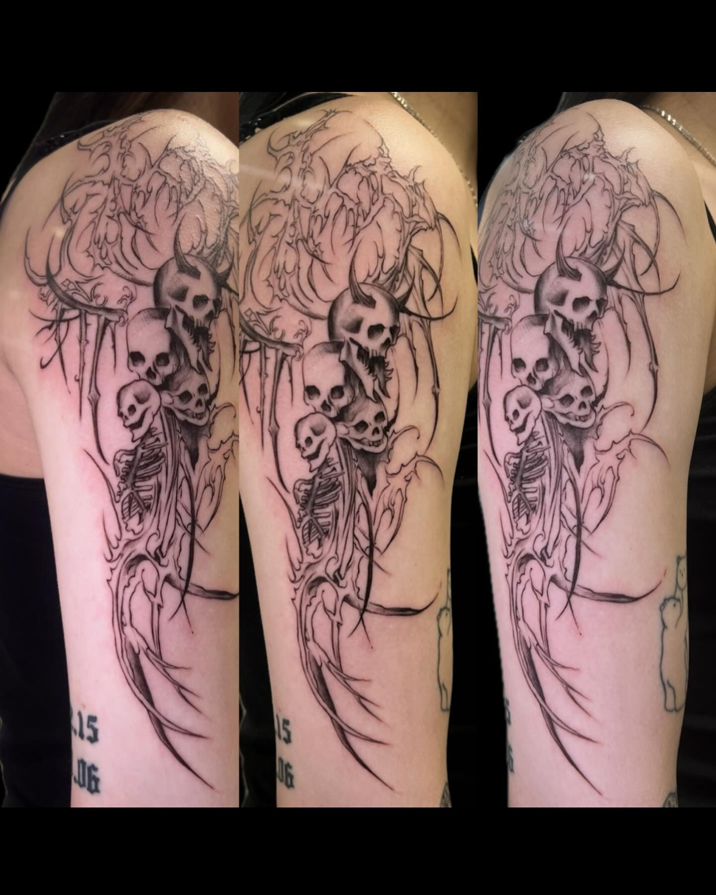 Skulls and skeleton black and grey tattoo on the forearm by G̵̨̗̗̈̅̓́͡ĕ̸̡̜̫̾̌̎̈͠ë̷̢̳̤̰̗͈̃͌͒̚͞