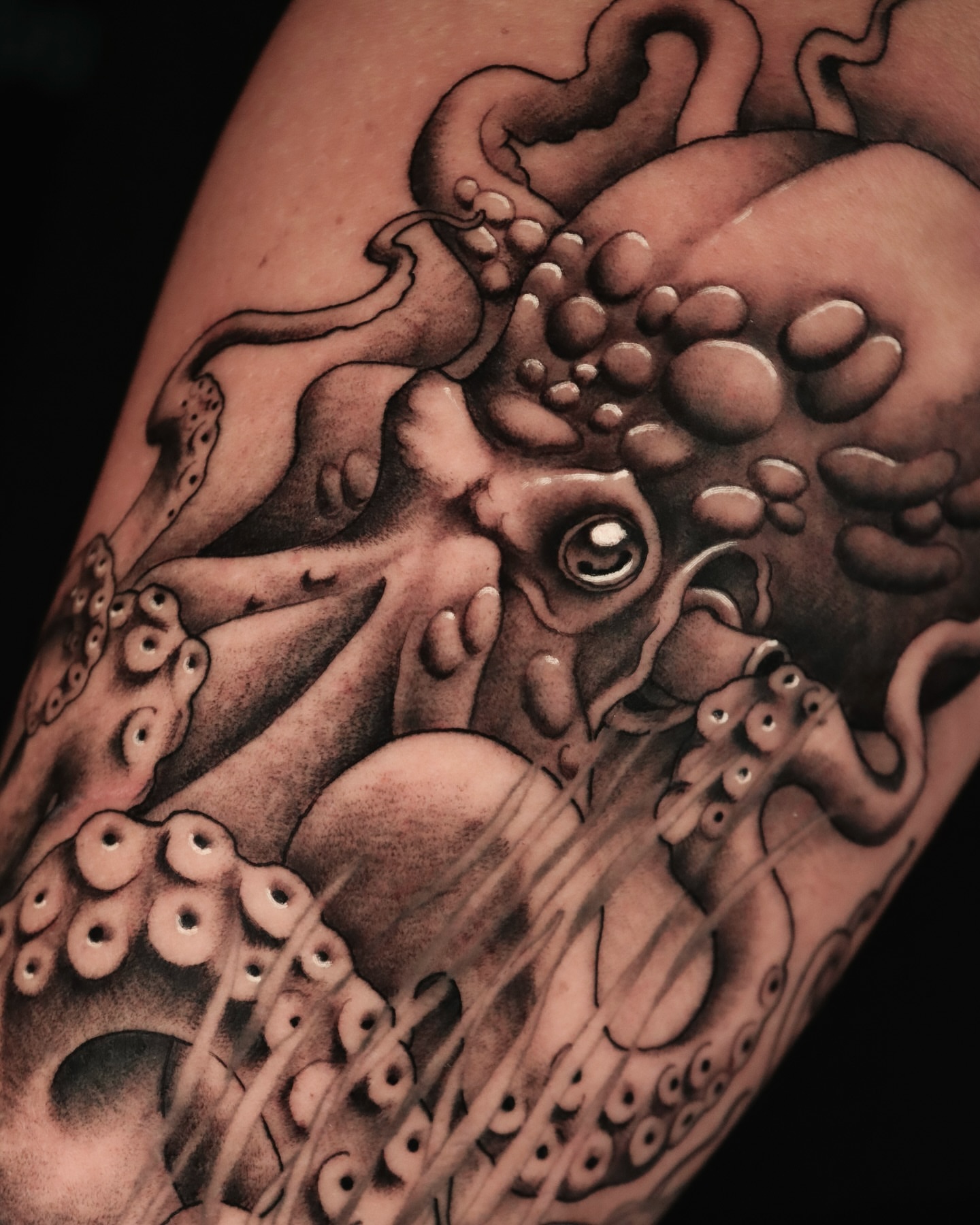 Octopus black and grey tattoo on the upper arm by Jeff Reindel
