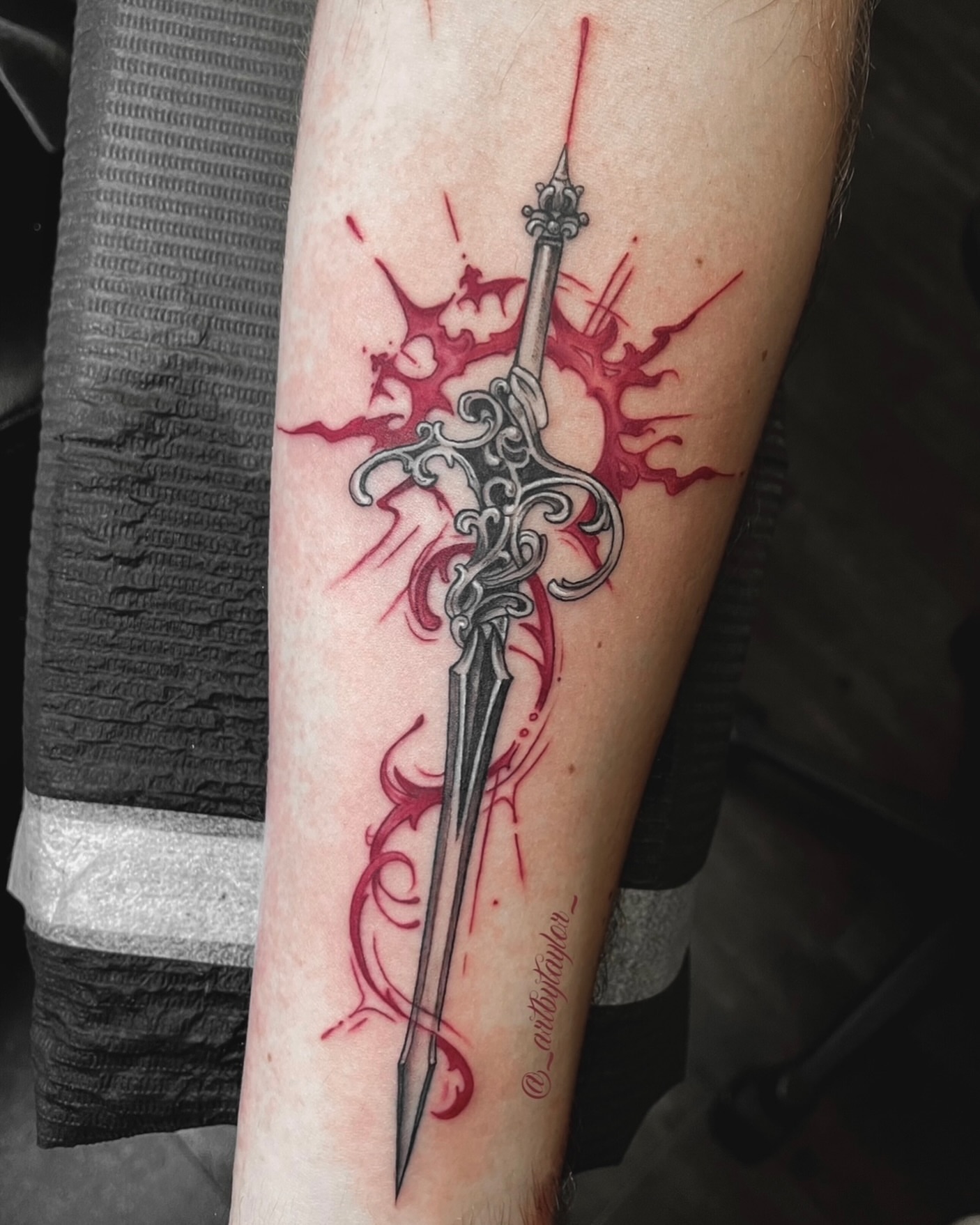 Sword ornamental tattoo on the forearm by Taylor✍🏽️