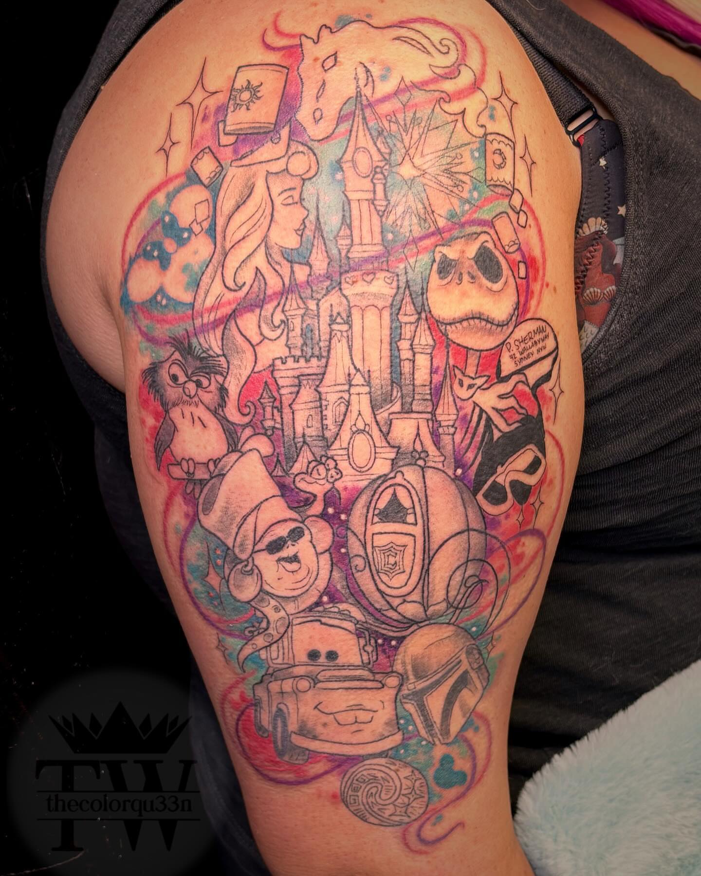 Disney characters watercolor tattoo on the thigh by Taylor Tha Color Queen