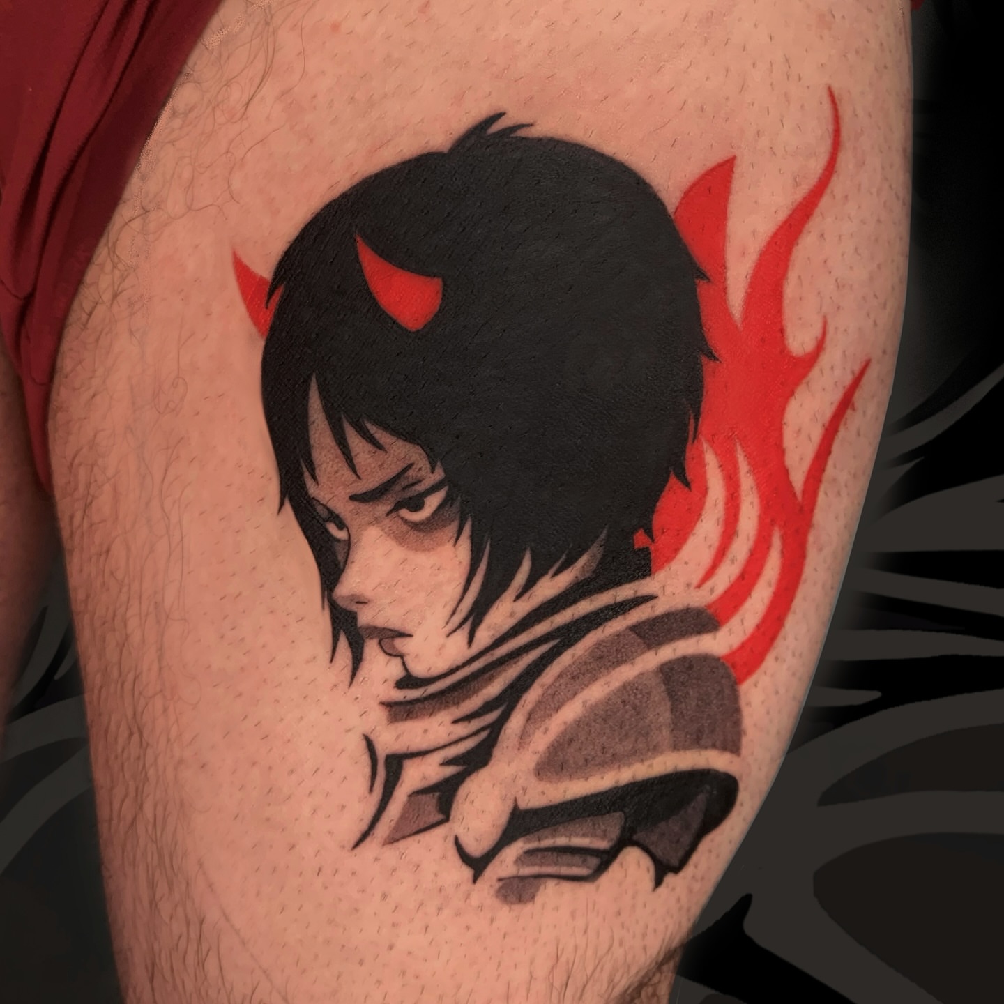 Demon boy anime tattoo on the thigh by Sarah