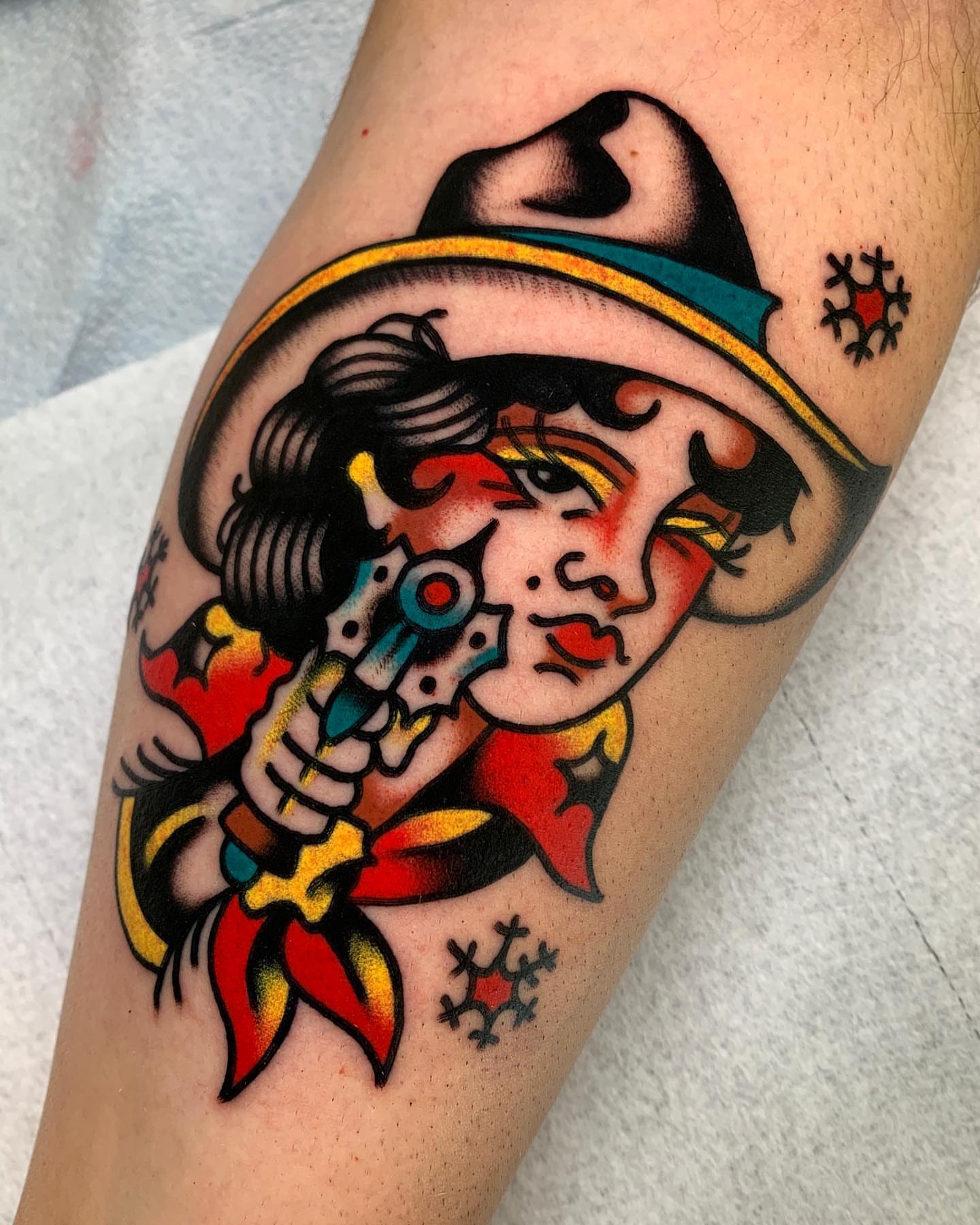Cowboy American traditional tattoo on the forearm by Zachary - Traditional Tattoo Artist