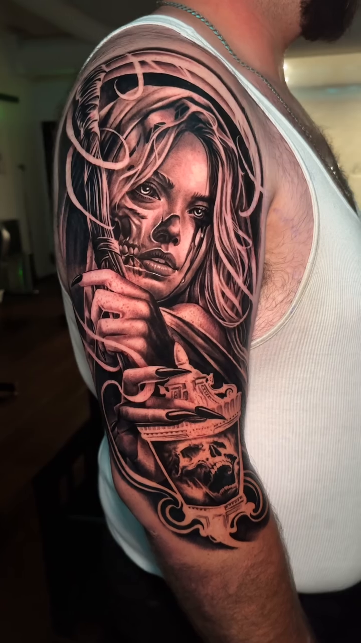 Woman with skull face realism tattoo by 𝐉𝐨𝐧 𝐒𝐚𝐧𝐭𝐨𝐬