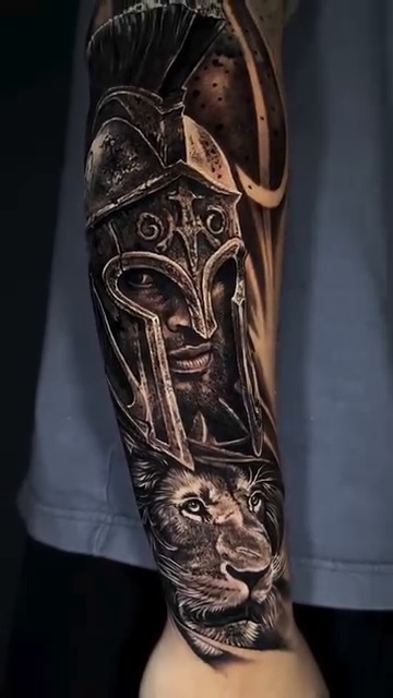 Spartan helmet and lion realism tattoo by Duniel Garcia