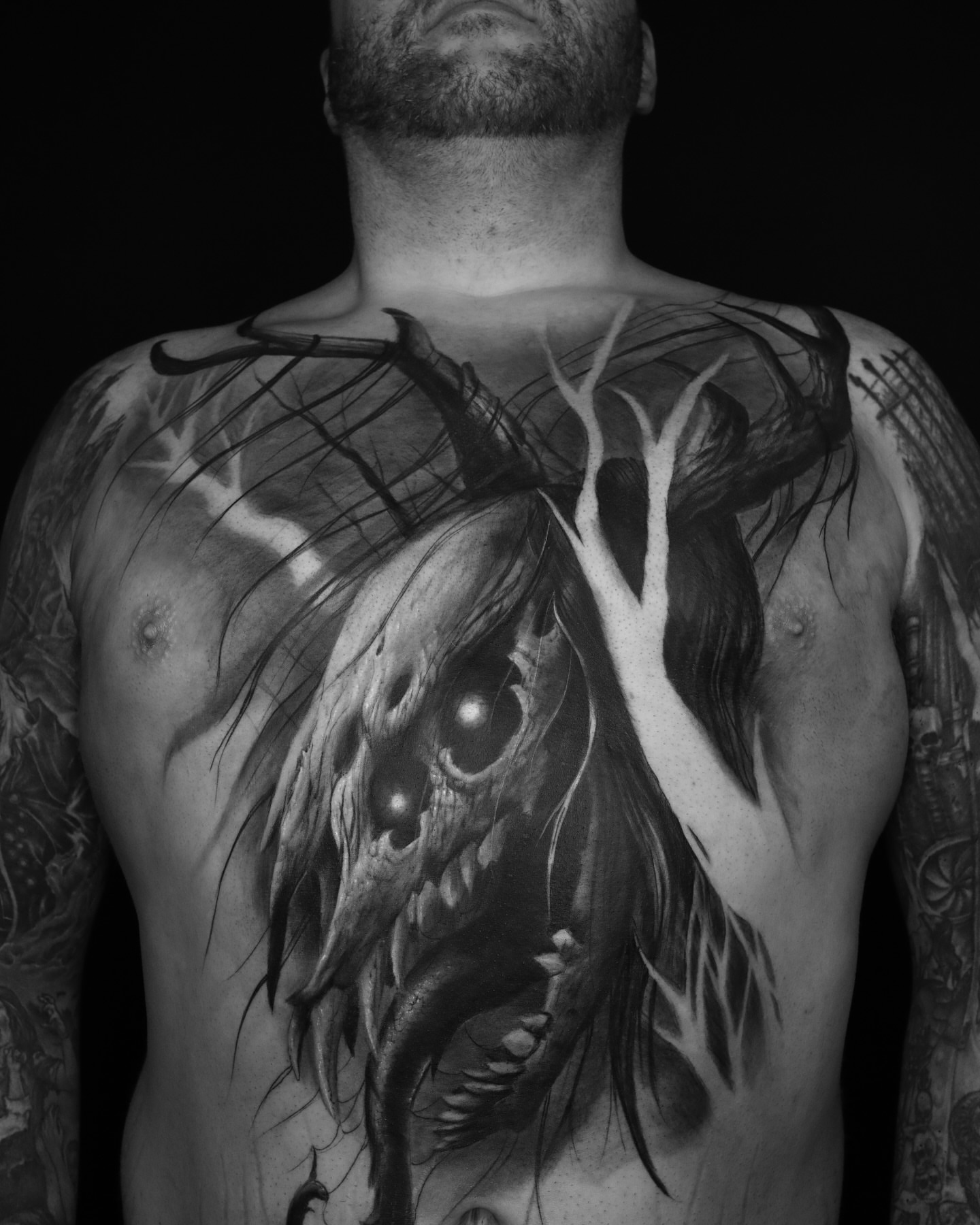 Skull dark realism tattoo on the chest by ➕d U S T I N C H A R L e S➕, Seattle, Washington