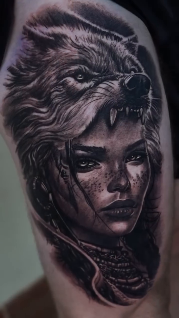 Woman with wolf headdress realism tattoo by Ryan Gage Gonzalez