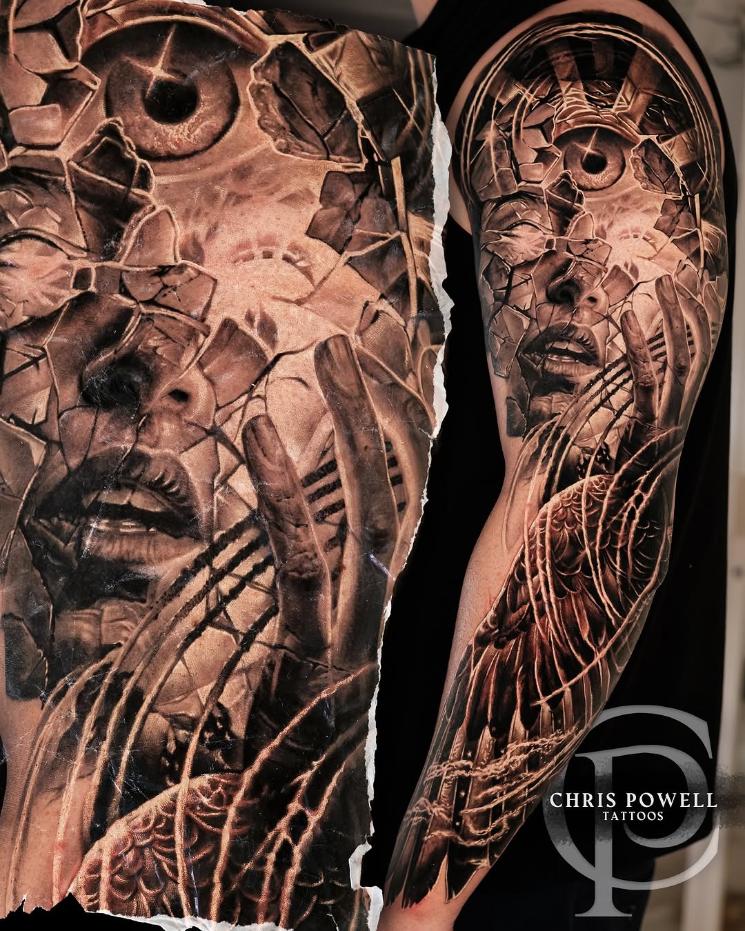Shattered face with eye and hands biomech tattoo on the forearm by Christopher Powell