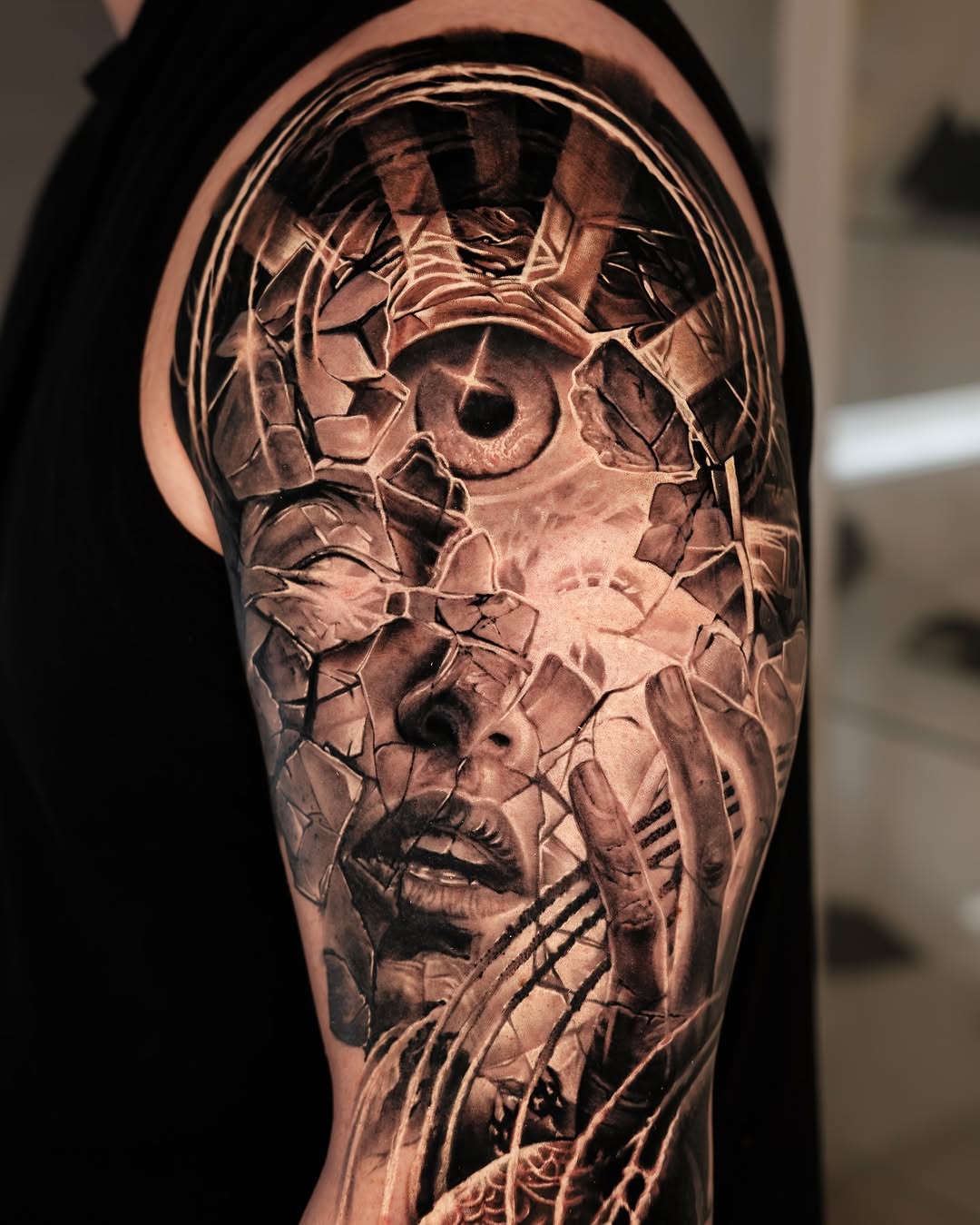 Shattered face with eye surrealism tattoo on the forearm by Christopher Powell